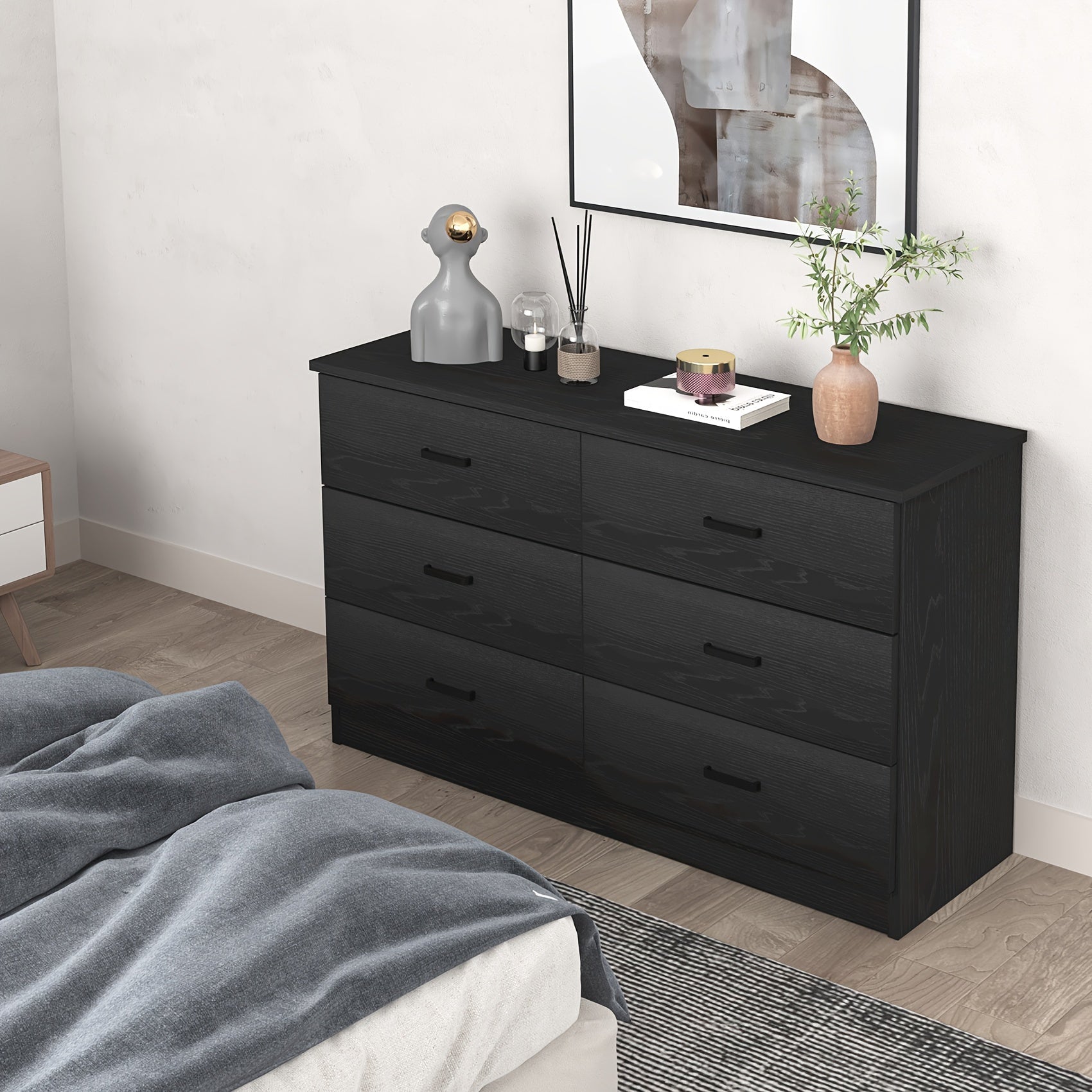 Wood Dresser for Bedroom, 6 Drawer Dresser with Metal Handles, 15.8" D x 47.2" W x 27.7" H, Light Oak