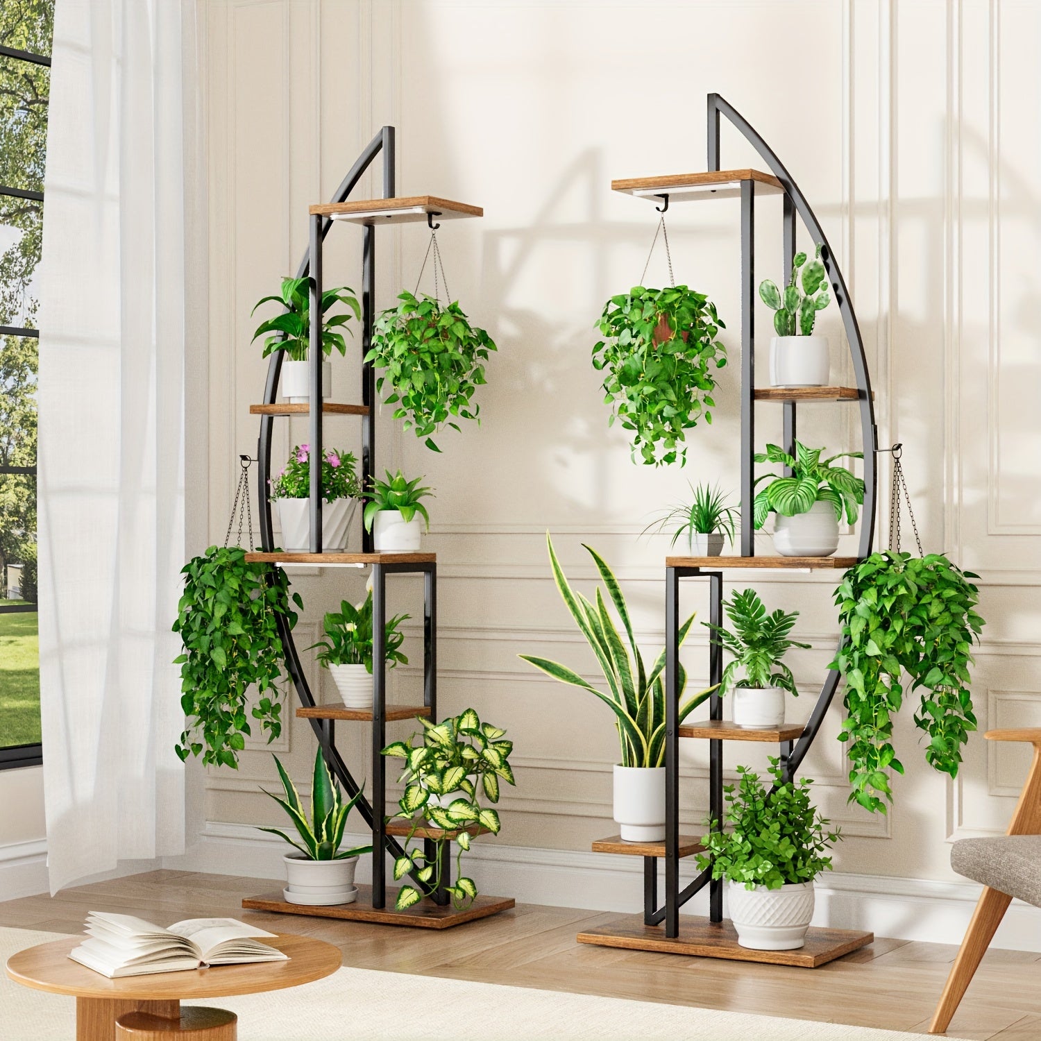 2pcs 63" Half-Moon Indoor Plant Stands with Full-Spectrum Grow Lights - Multi-Tier Metal Display Shelves for Plants, Decor & More - Brown & Black