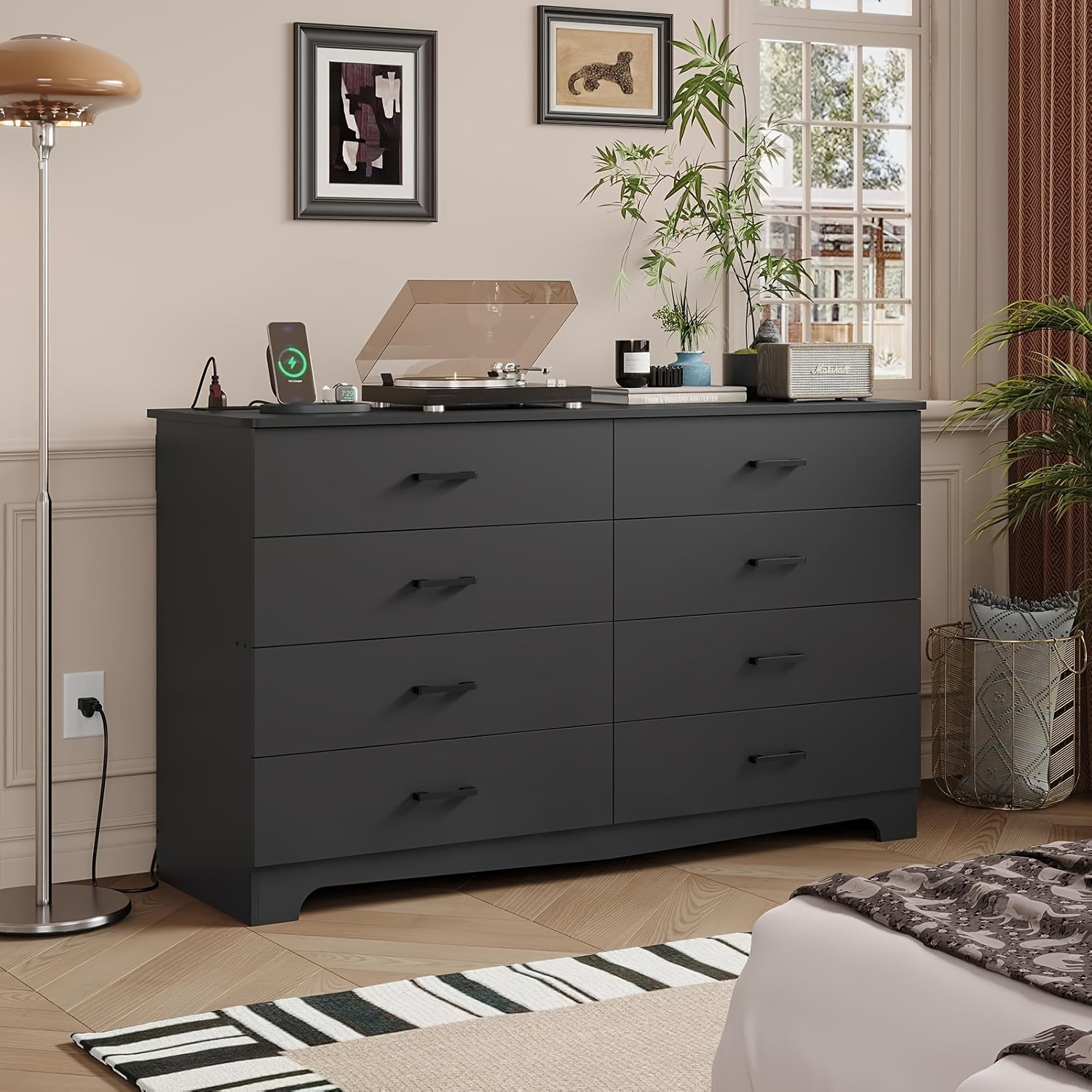 8 Drawer Storage Cabinet, Modern Bedroom Chest of Drawers with Charging Station, Wide Living Room Storage Cabinet, Black