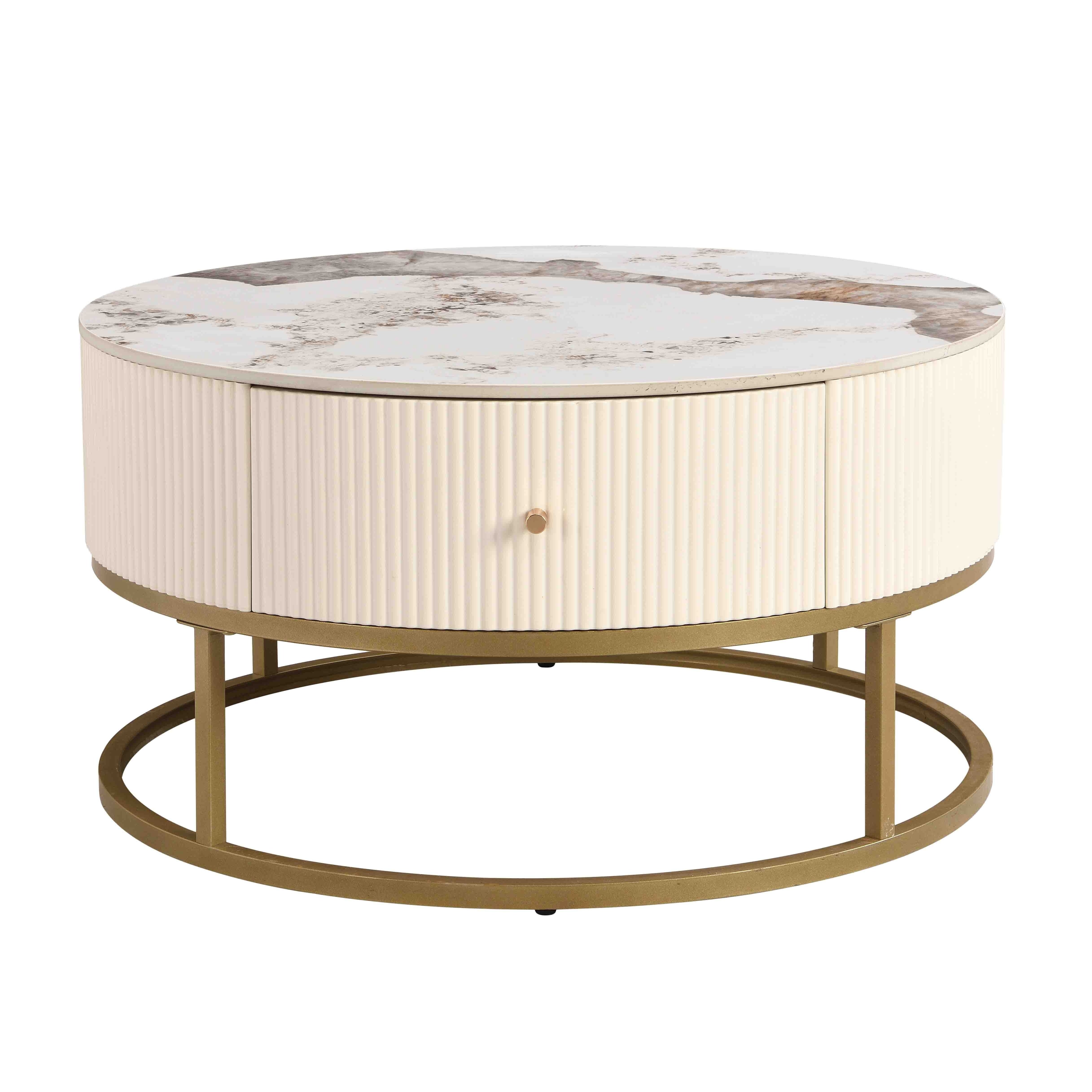 80cm Modern Round Coffee Table With Drawers, Marble Table With Storage, Coffee Table For Living Room