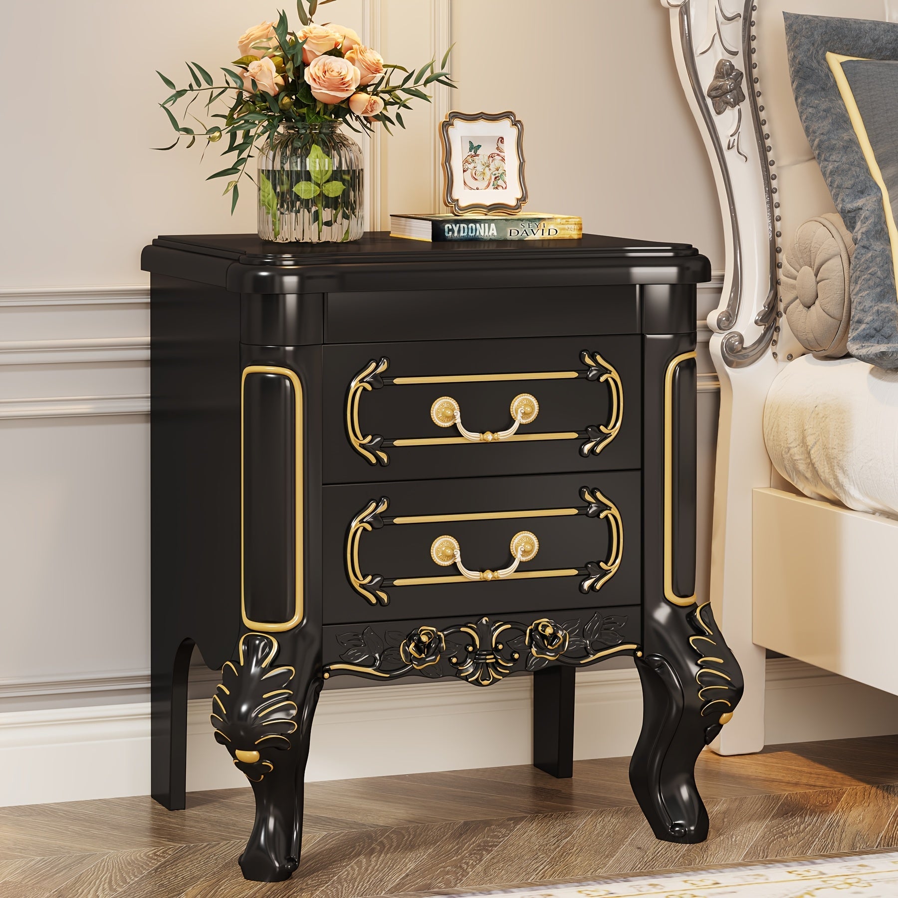 1pc Black Nightstand, Wooden End Table With 2 Drawers, Modern Carved Bedside Tables, Sofa Couch Side Table For Bedroom, Classic Bedroom Furniture, Night Stand, Easy Assembly For Home Decor, Christmas Gifts