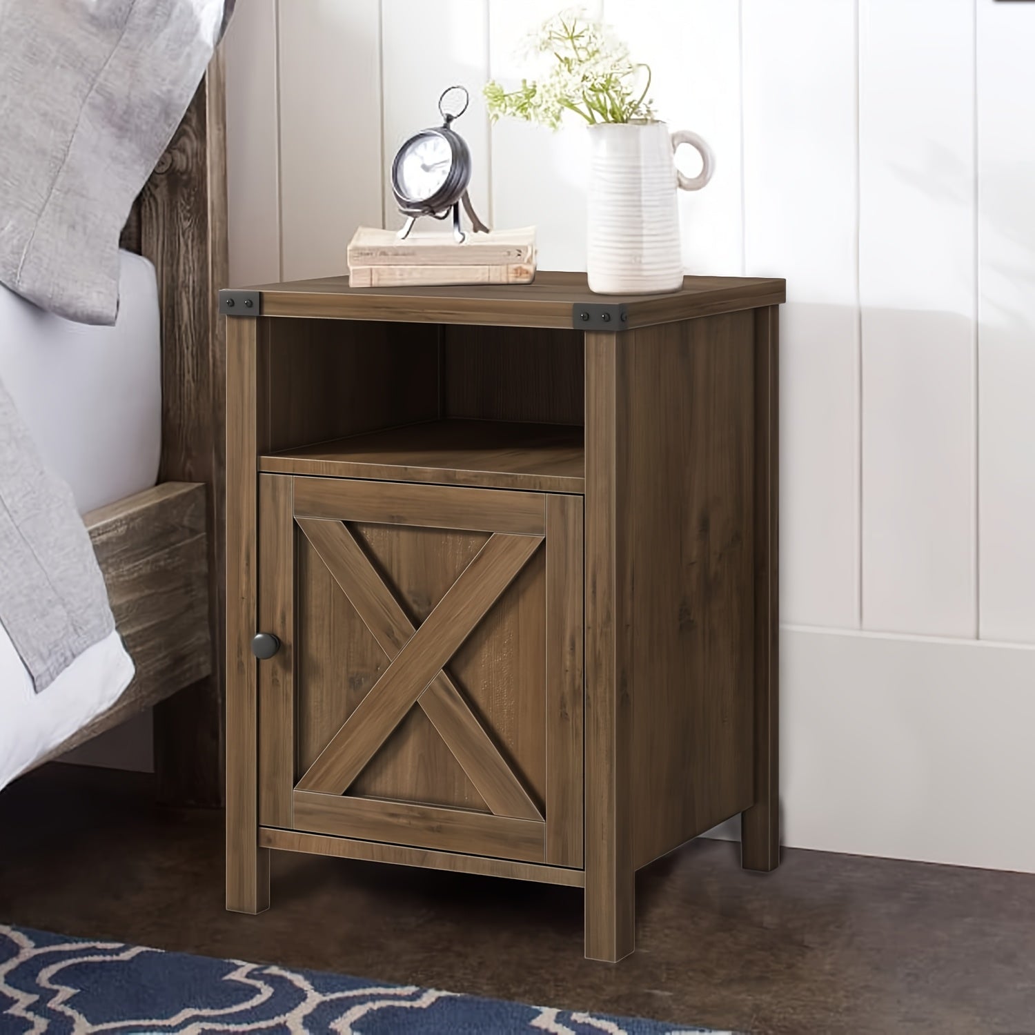 Farmhouse Nightstand, Side Table, End Table With Barn Door And Shelf, Rustic Modern Bed Night Stand For Bedroom Living Room Locker, White Grey Oak For Lab