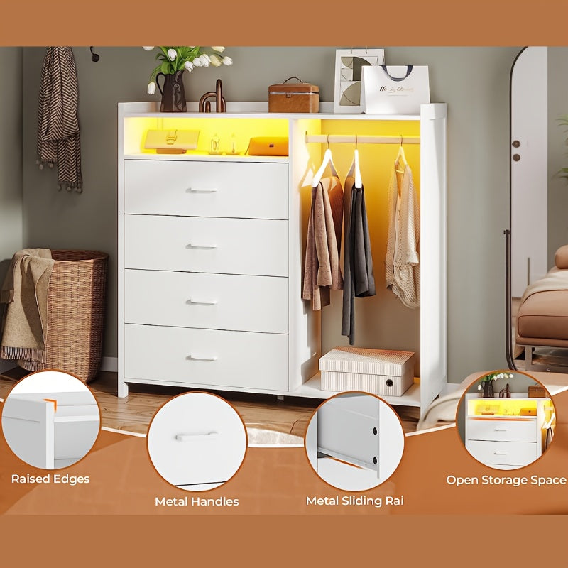 Modern White 4-Drawer Dresser with LED Lights - Versatile Storage Chest for Bedroom, Includes Clothes Rail & Open Shelf