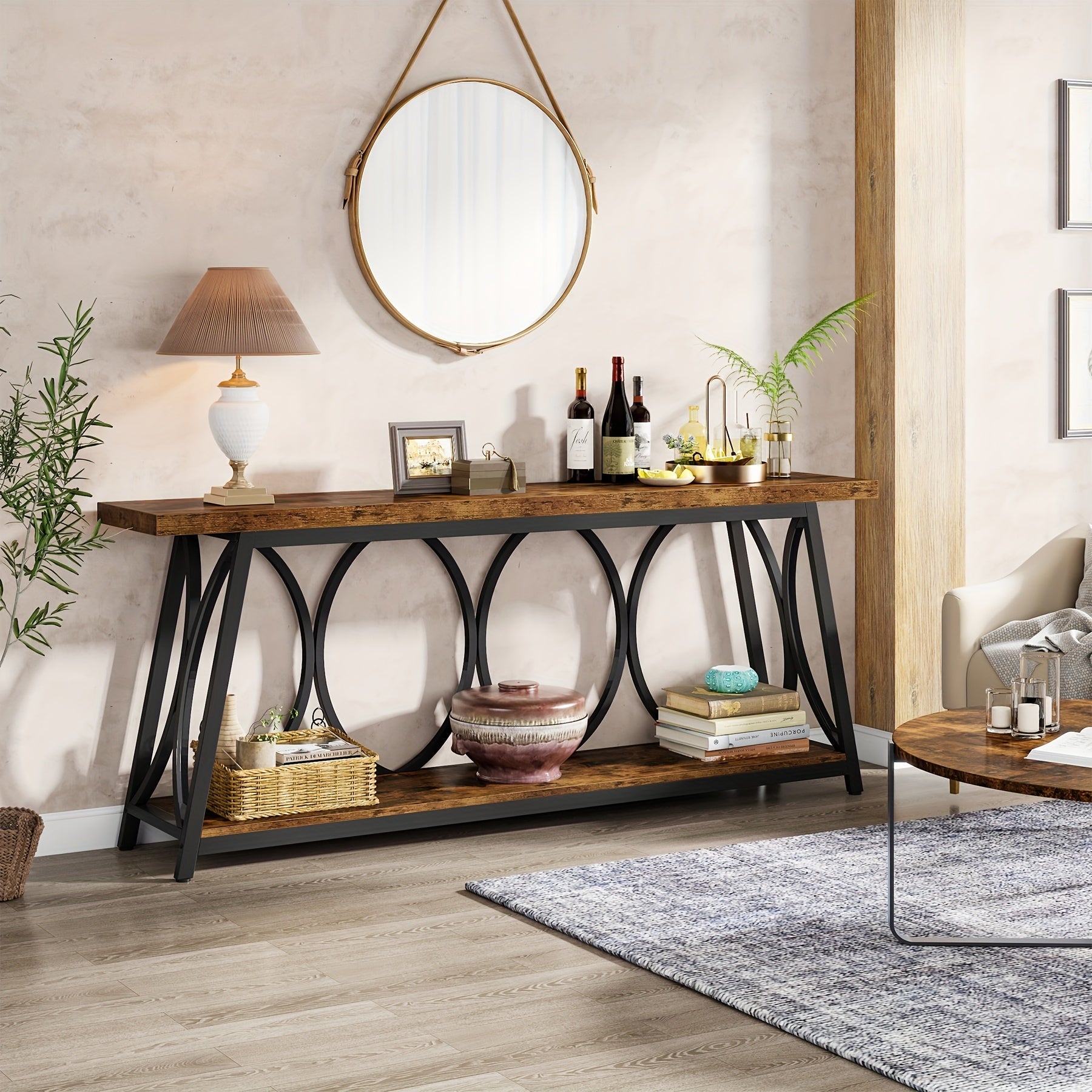 70.9-Inch Extra Long Console Table: Industrial Sofa Table With 2-Tier Storage Shelf For Behind Couch Narrow Entryway