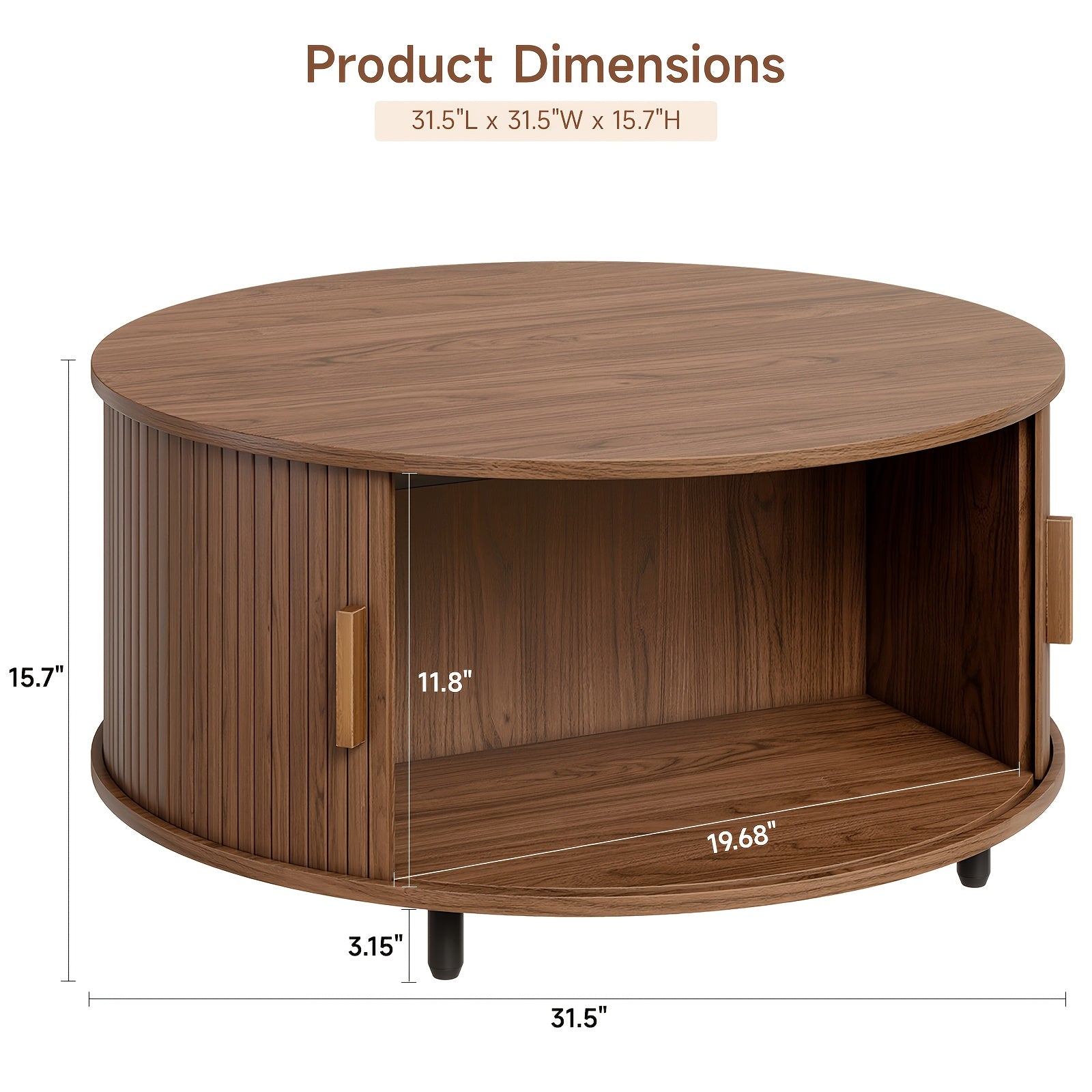 Modern Round Coffee Table with Storage, Solid Wood & Metal Frame, Engineered Wood Top, Space-Saving Design, Hardwood Construction, with Grooved Walnut Finish for Living Room