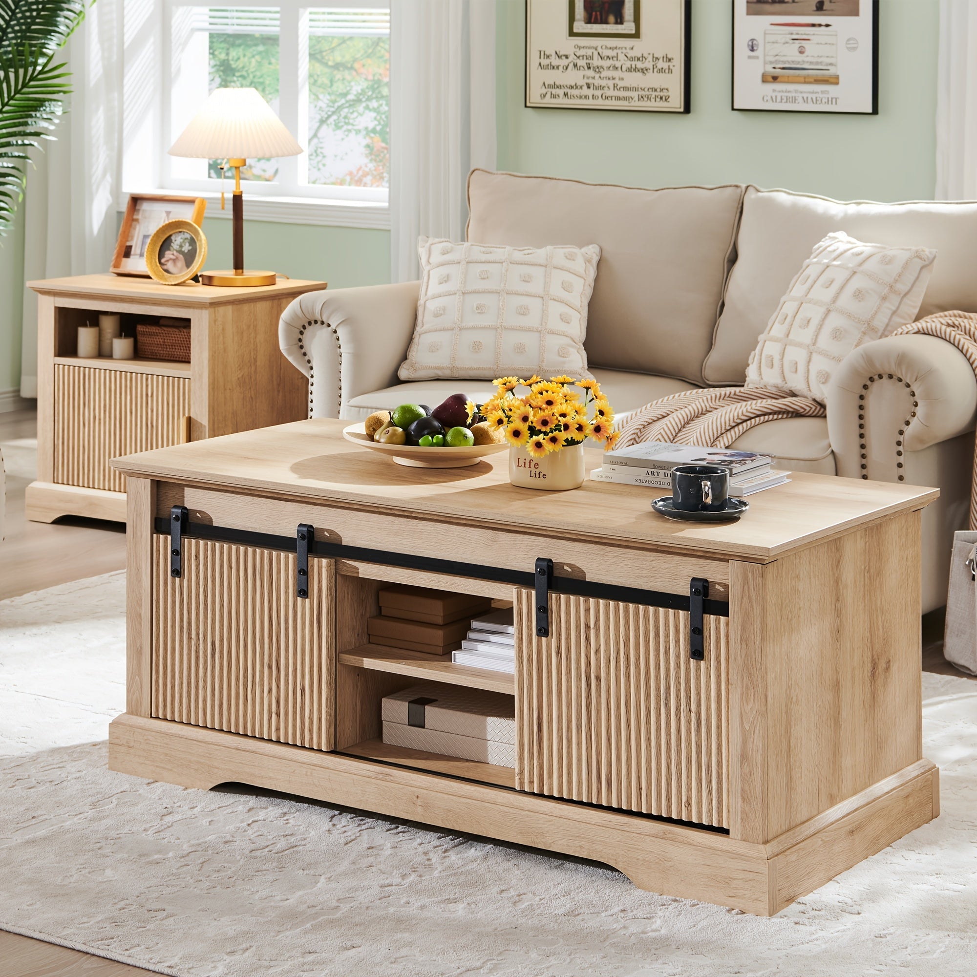 Modern 117cm Fluted Lift Coffee Table with Hidden Storage - Adjustable Height Sliding Door & Shelf Convertible Wooden