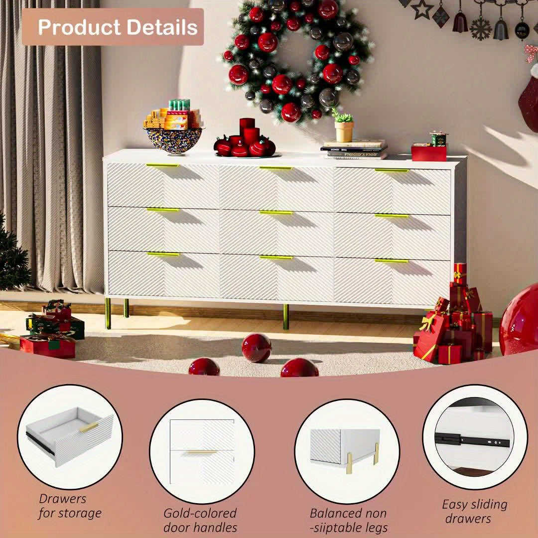Modern White and Golden Bedroom Dresser with 9 Drawers Metal Feet and Golden Pulls - Hardwood Fiberboard Storage