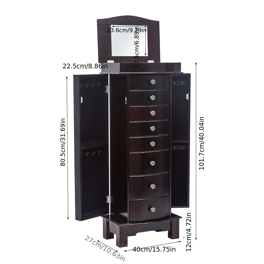 Jewelry Armoire With Mirror, 8 Drawers & 16 Necklace Hooks, 2 Side Swing Doors(Brown), Jewelry Armoires