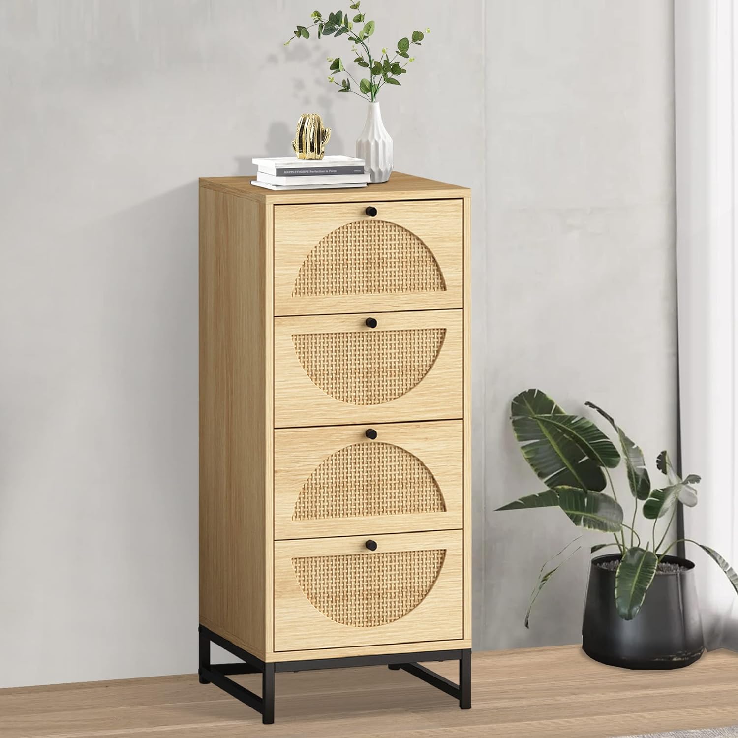 4 Drawer Chest Dresser, Rattan Tall Dresser 4 Chest of Drawers for Bedroom, Boho Clothes Storage Tower with Metal Base, Large Nightstand Sets for Living Room, Hallway, Nursery, Entryway