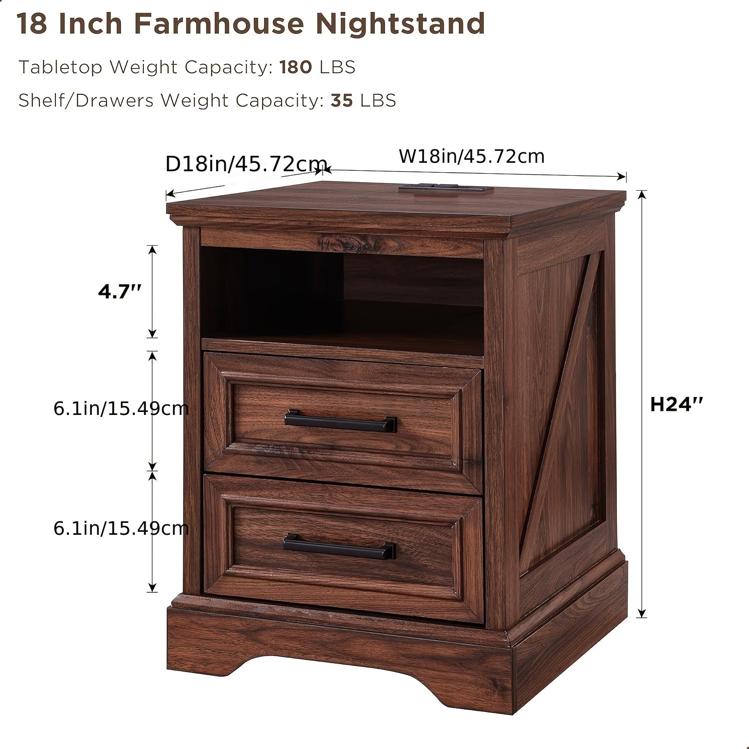 18" Farmhouse Nightstand With Charging Station, End Table With 2 Drawers Storage, Side Table, Bedside Cabinet For Bedroom, Living Room