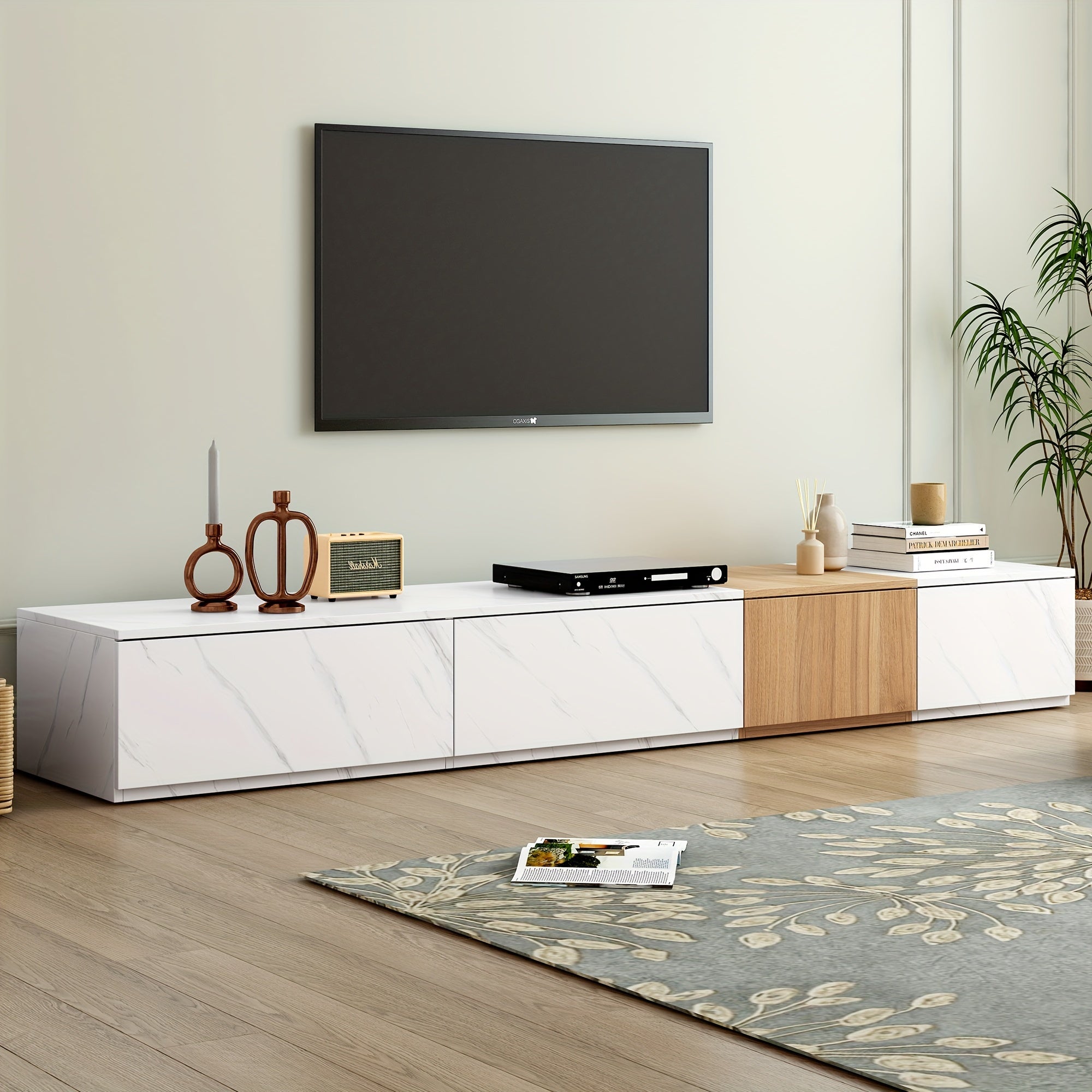 Modern TV Stand With Faux Marble And Walnut Wood Grain Finish, Modular Entertainment Center With 4 Storage Drawers For TVs Up To 88''