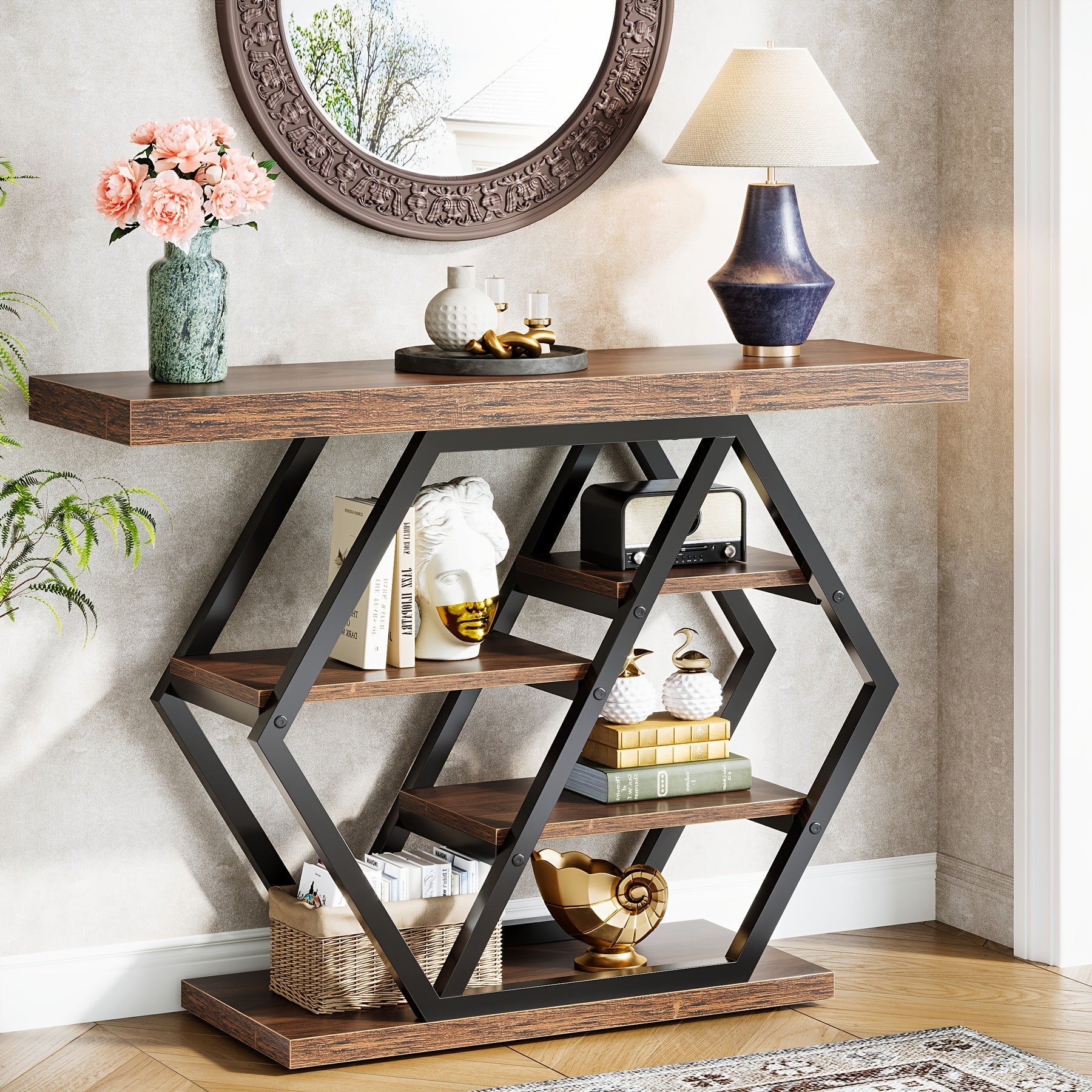 39.3'Brown Rectangle Wood Console Table, 5-Tier Sofa Table Storage Behind Sofa Entryway Couch Accent Wall Console Home