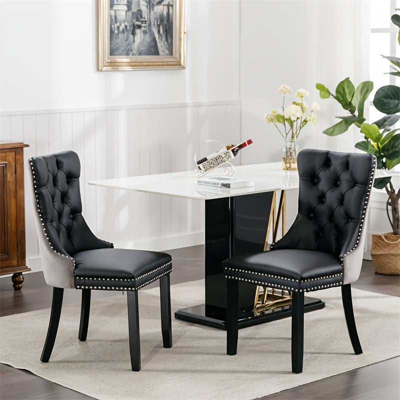 Modern Plush Dining Chair - Two Piece Set, Black And Grey Velvet/PU Wooden Legs, A&A Furniture Nikki Collection