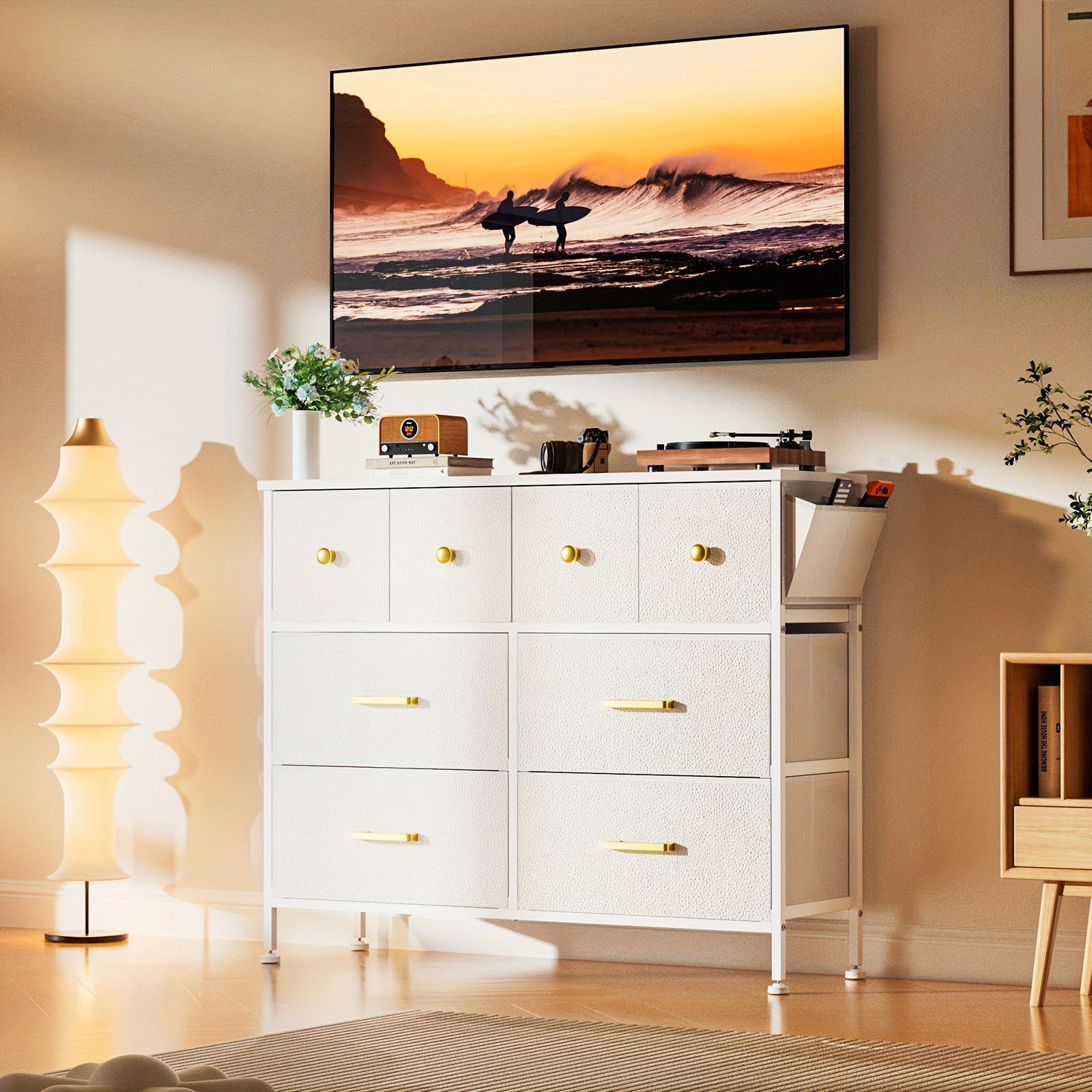 5/8/9 Drawers Dresser For Bedroom White Dresser With Fabric Drawers Chest Of Drawers With PU Finish Metal Handle