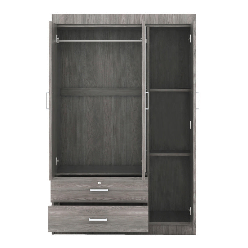 3 Door Wardrobe Gray Storage Closet with Adjustable Shelves Hanging Rod