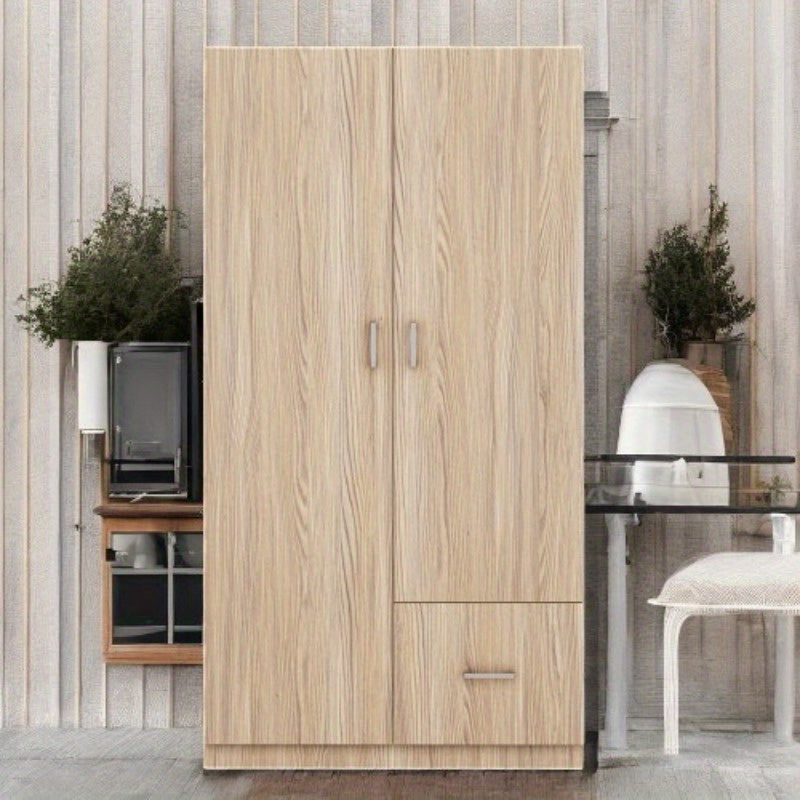 Double-Door Wardrobe with Hanging Rod 5 Fixed Shelves And 1 Storage Drawer for Ample Storage in Natural Finish