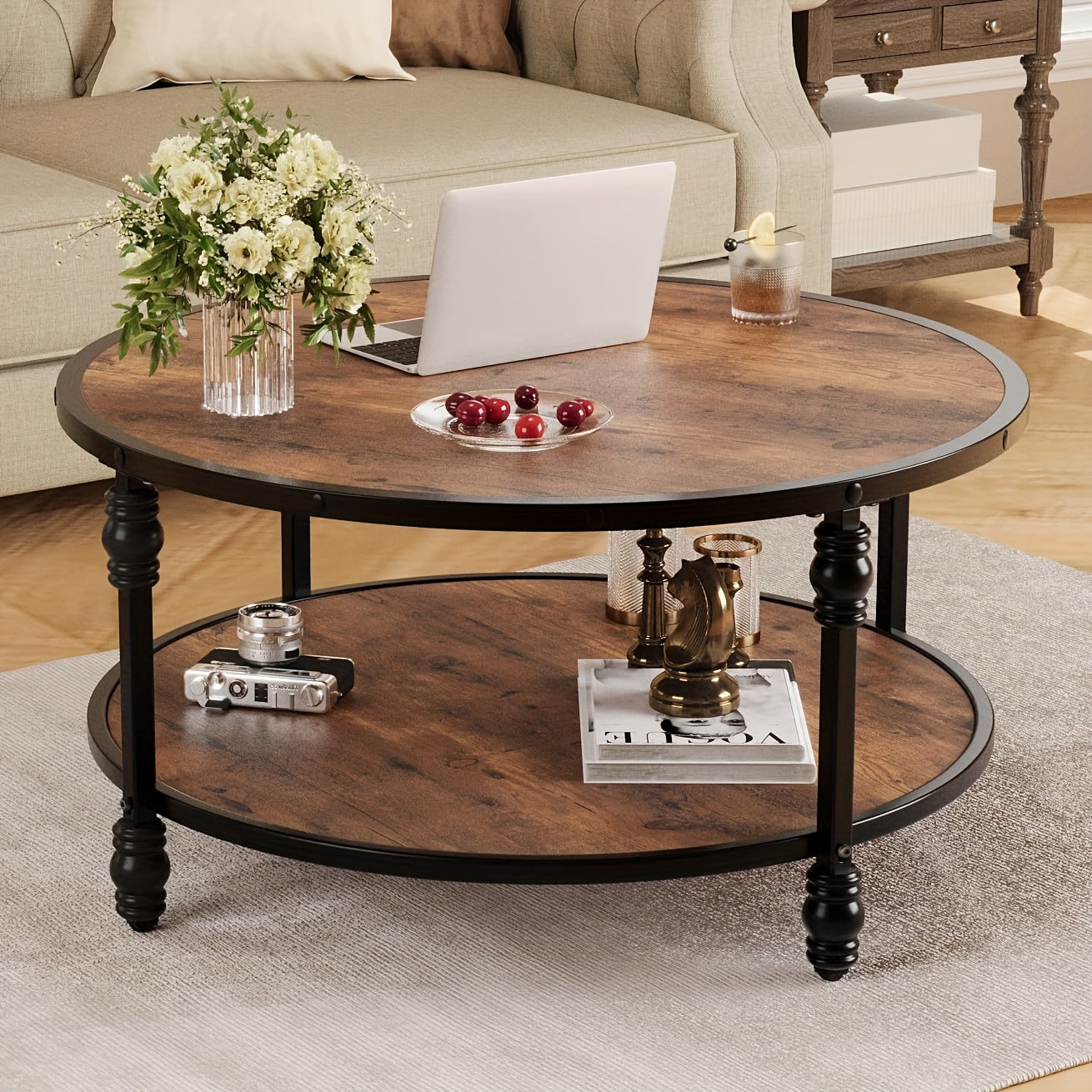 Round Coffee Table 34.25" Industrial Center Table with Storage Shelf 2-Tier Rustic Accent Center Table Wood Circle Coffee Table with Sturdy Metal Legs, Easy Assembly