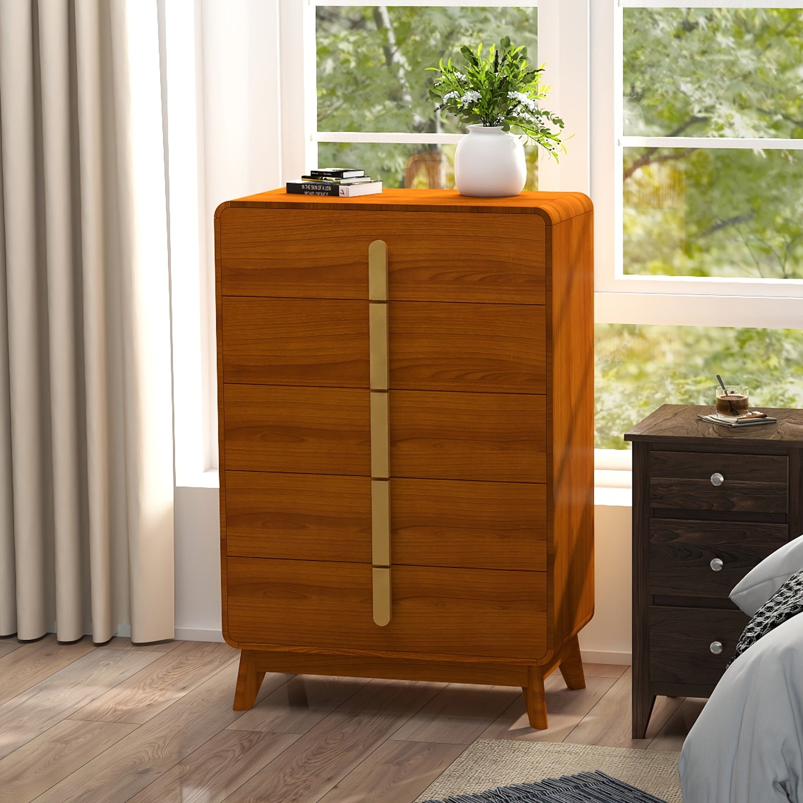 Elegant Mid-Century Modern 5-Drawer Dresser in Cherry Wood with Sleek Metal Handles Spacious Storage Organizer