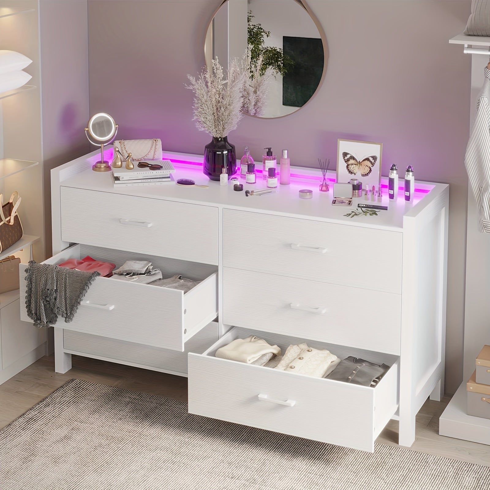 Bedroom Storage Cabinet With LED Lights Large Capacity Storage Cabinet 6 Drawer Storage Cabinet White - White - Dresser