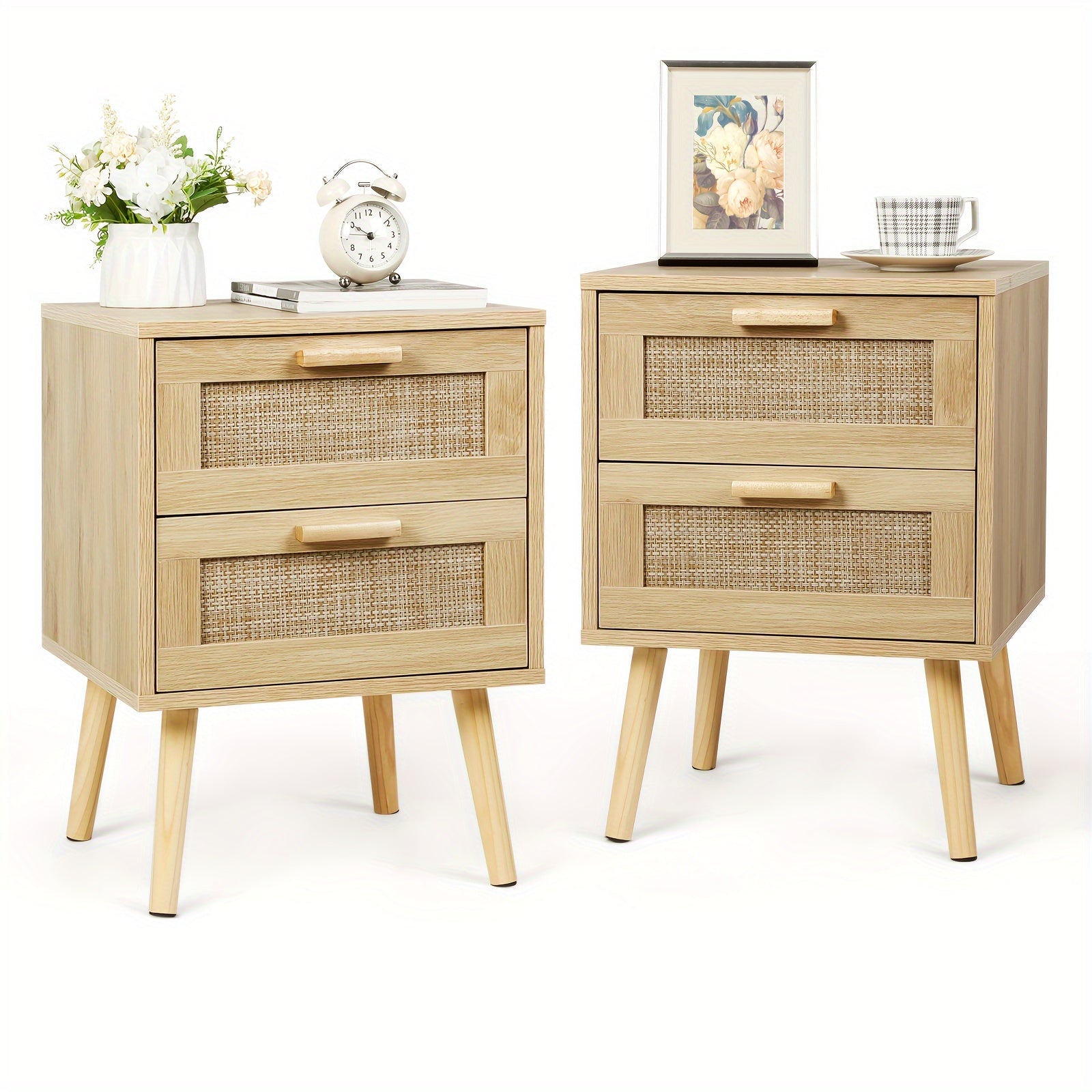 2 Pcs Rattan Nightstand, Night Stands with Hand Made Rattan Decorated Drawer, End Table, Side Table Wood Accent Table with Storage for Bedroom