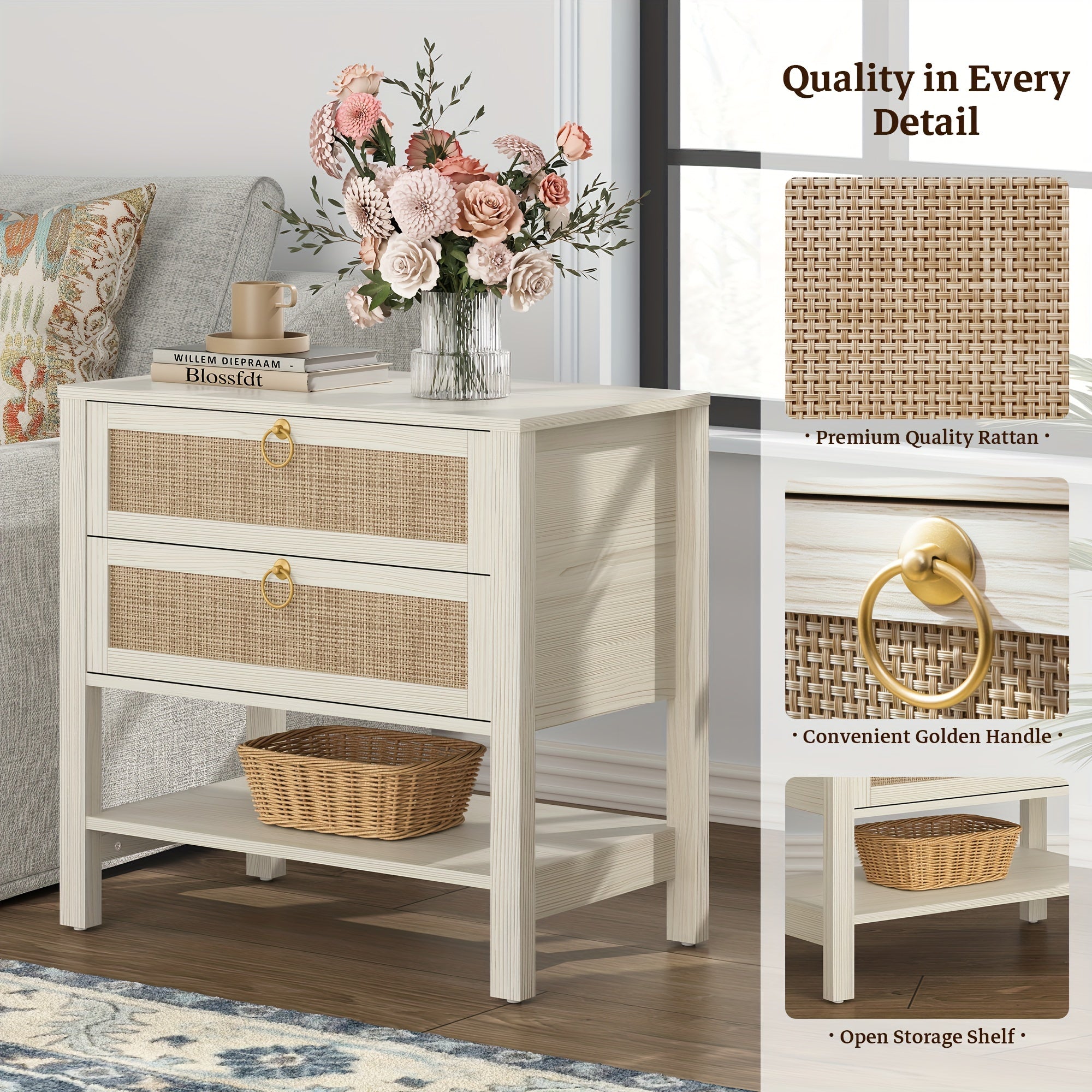 White Night Stand, Large Nightstand With Drawers And Storage Shelf - Rattan Boho Bedside Table Narrow Side Table For Bedroom, Small Space