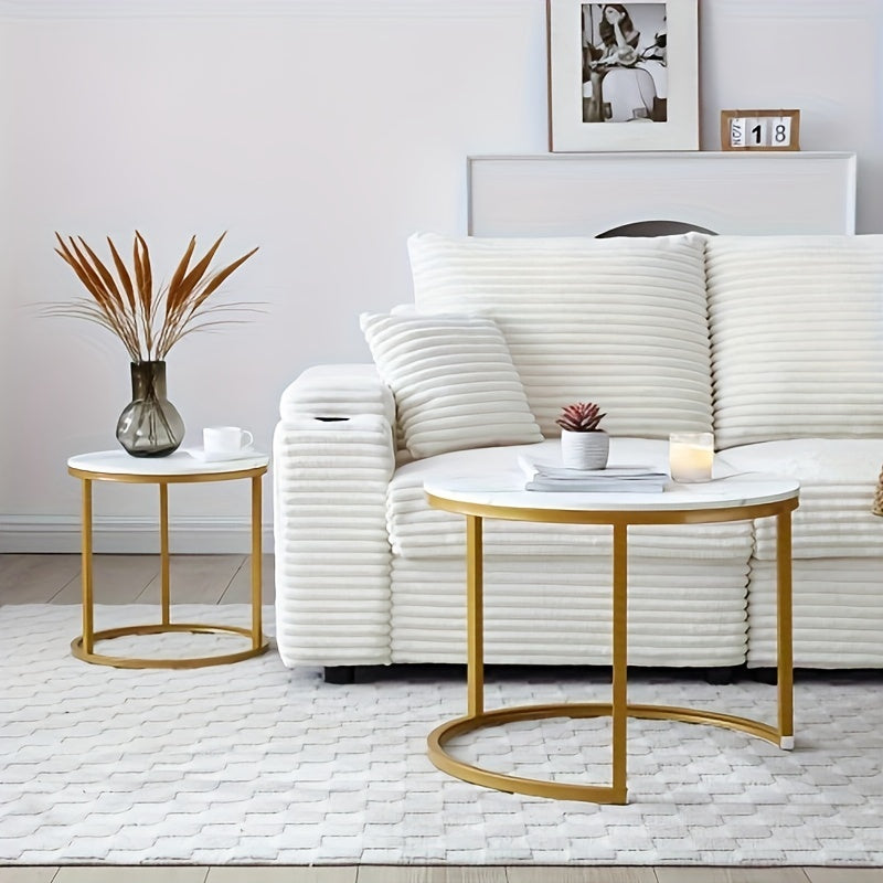 Coffee Table Nesting White And Gray Top Golden Frame Circular Round And Marble Pattern Wooden Tables, Living Room Bedroom Apartment Modern Industrial Simple Nightstand.