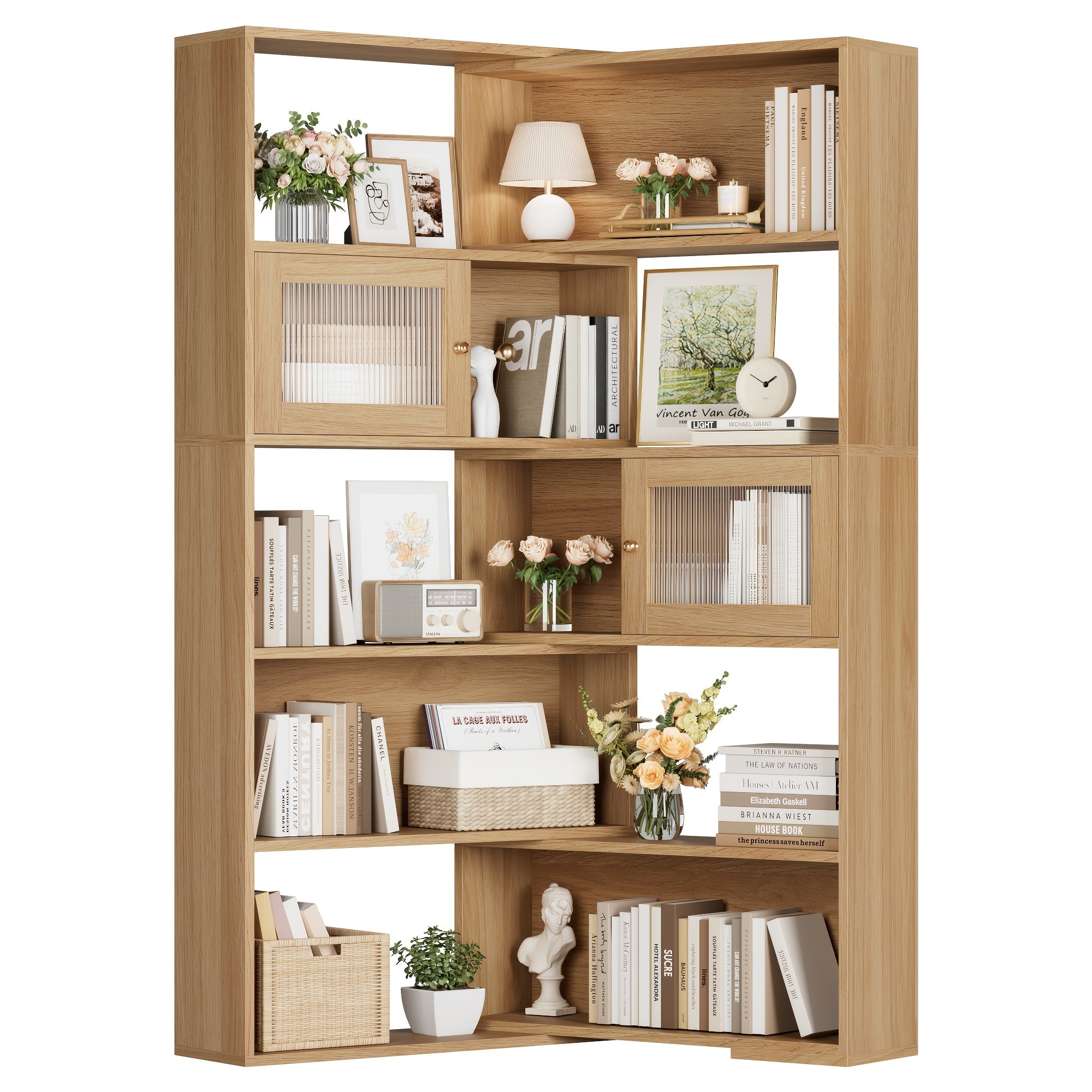 Reversible Wood Grain Bookshelf with Doors - 60.6’’ Tall Spacious Storage for Living Room Home Office Library - Wood