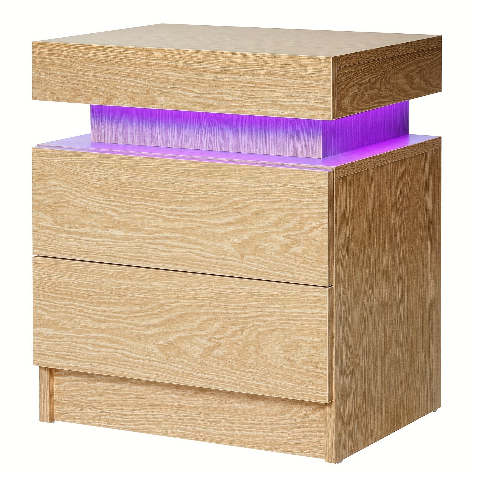 Modern LED Nightstand 2 Drawers Bedside Table With Led Lights Smart Night Stands Wood Color Textured Finish End Side Table For Bedroom Home Furniture