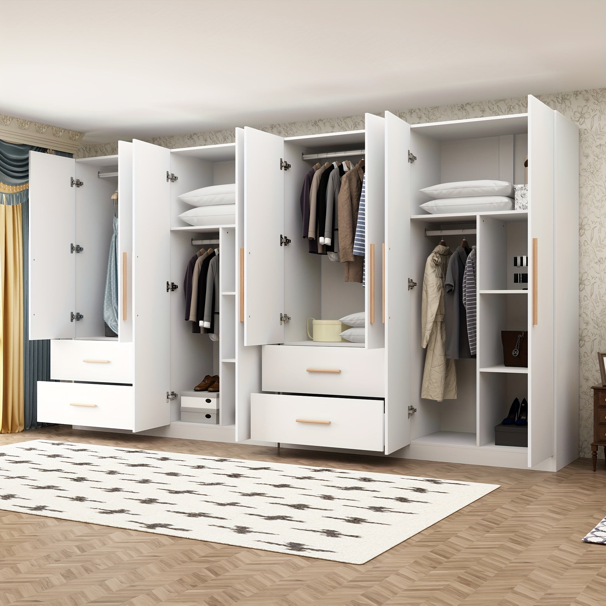 White Wooden Wardrobe with 4 Doors, 2 Drawers & 6 Storage Bins - Spacious Closet Organizer for Bedroom, Modern Design, Durable Engineered Wood Construction, No Assembly Required