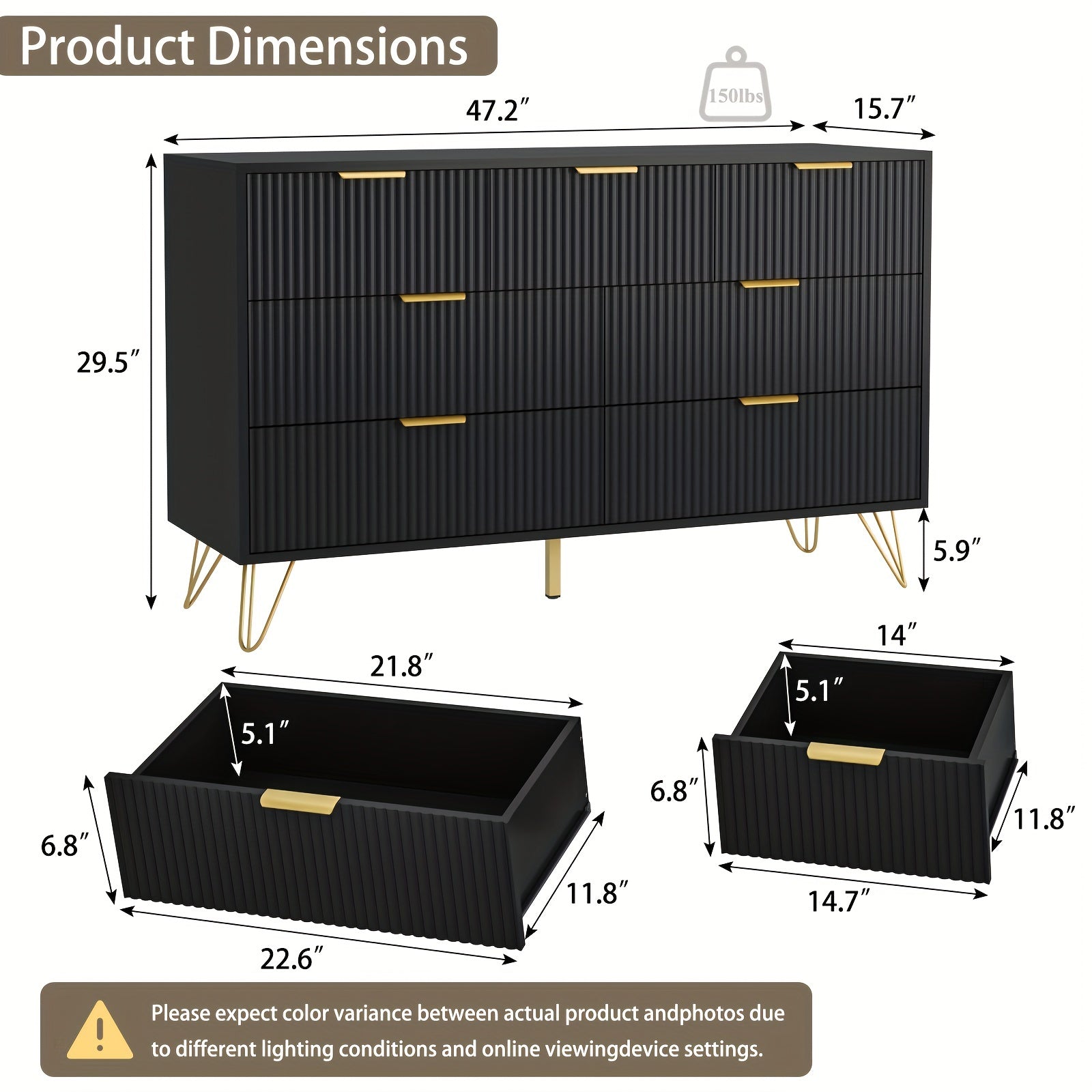Modern Fluted Wood Dresser with Golden Handle 7 Drawers - White Storage Organizer for Bedroom Living Room Hallway