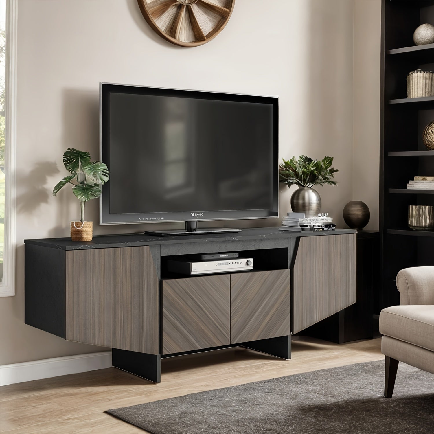 1 Piece Modern Creative 4 Door TV Cabinet With Plenty Of Storage Space, Black And Walnut Finish, Suitable For Living Room, Space Saving Design, Durable Structure, Easy To Assemble