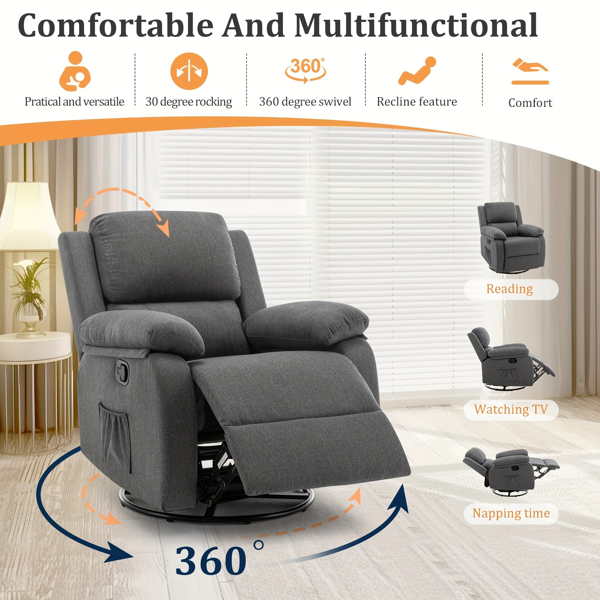 Ergonomic Grey Linen Recliner Chair with 360-Degree Swivel, Side Pockets - Perfect for Small Spaces, Manual Operation, KORSER