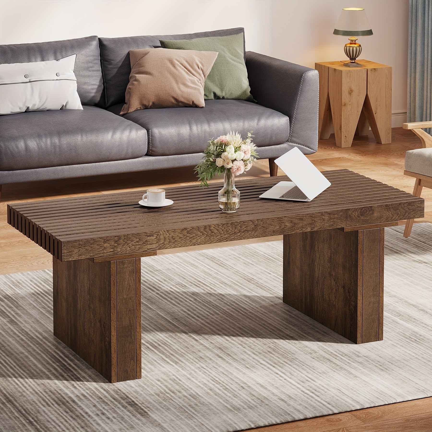 Rectangle Coffee Table: 47.24-Inch Wood Modern Coffee Table Cocktail Table For Living Room, Farmhouse Coffee Table Center Table Tea Table With Slat Tabletop