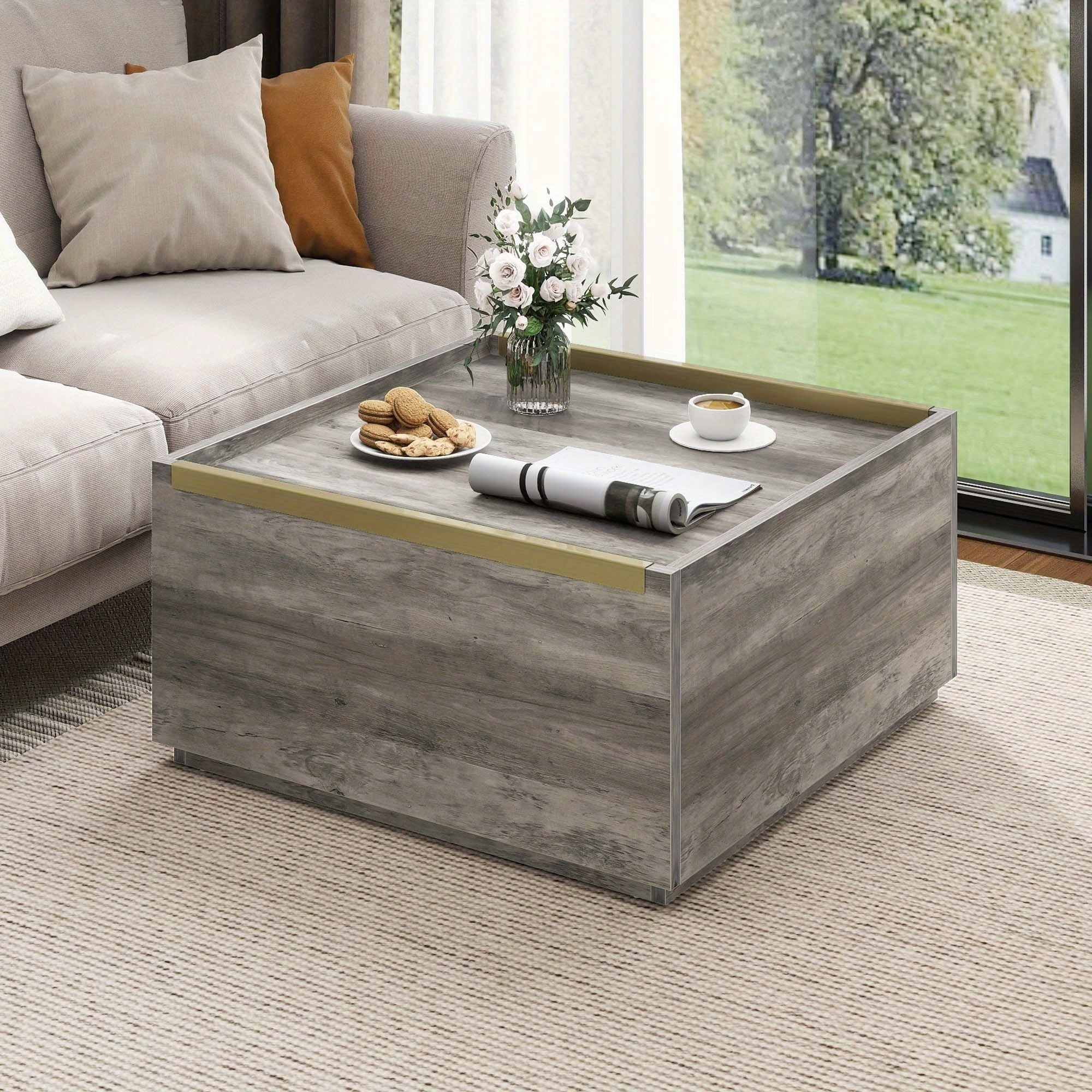 Elegant Wooden Coffee Table with Gold Accents, Versatile Piece for Living Room and Bedroom for Christmas Halloween Decor