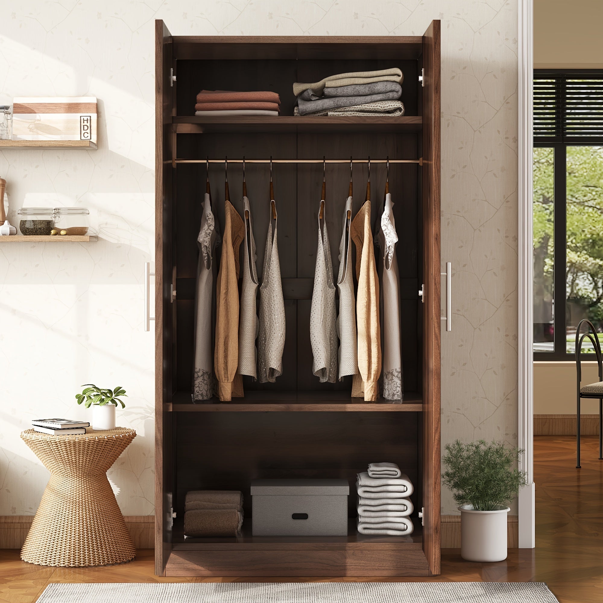 Double Door Solid Wood Wardrobe with 3 Storage Shelves, Sturdy and Practical, Brown