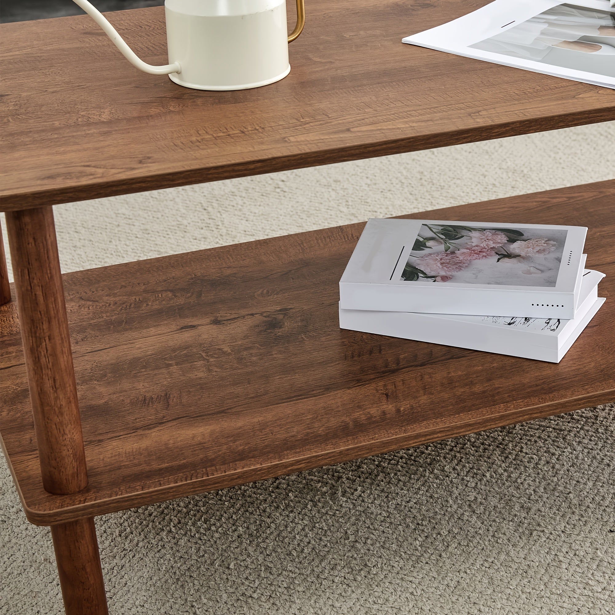 2-Tier Coffee Table For Living Room Walnut Wood Coffe Table With Open Storage Shelf Living Room Table Rectangular