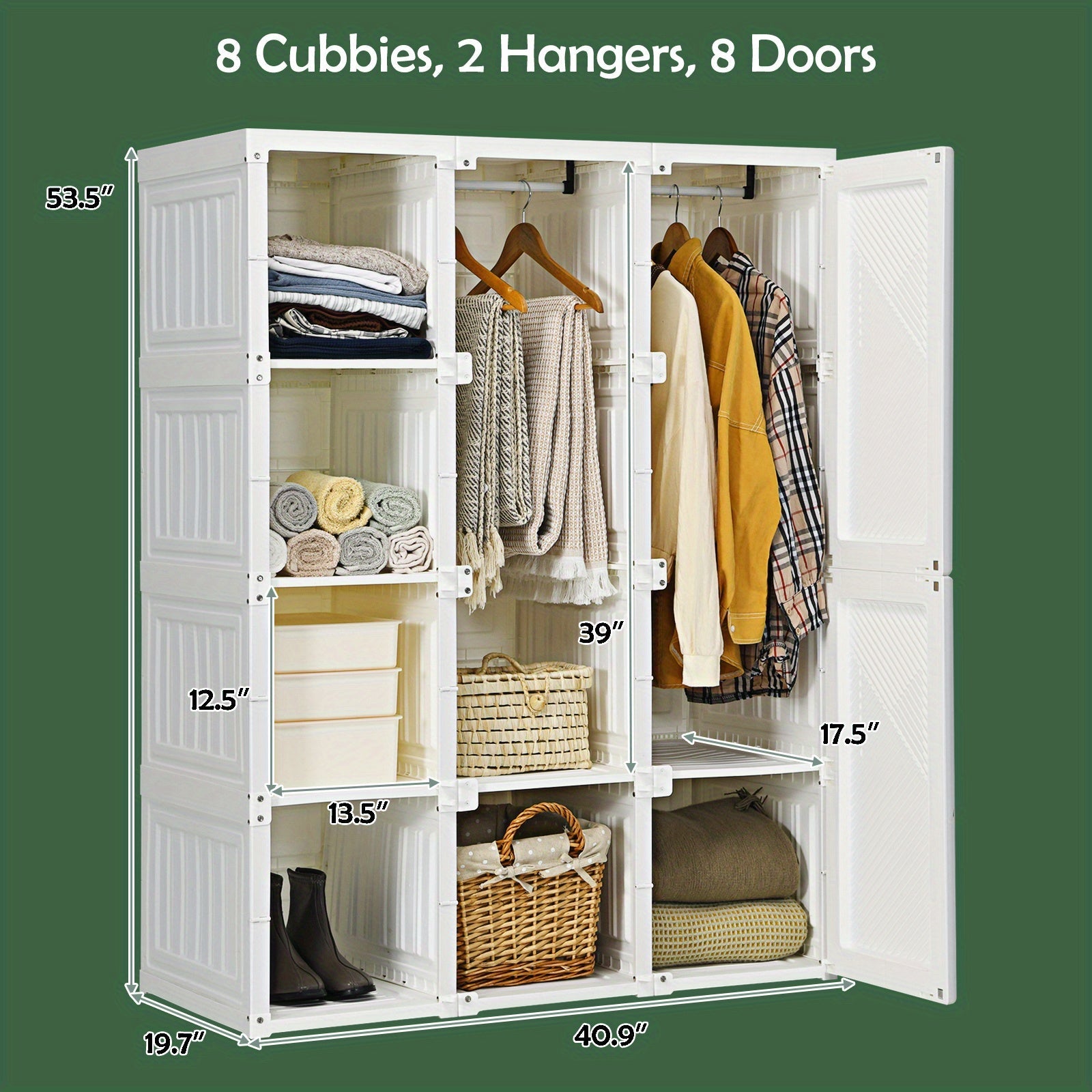 Portable Wardrobe Closet, Foldable Closet Clothes Organizer w/ Cubby Storage, Hanging Rods, Magnet Doors, Odorless Material, Stable Structure, Easy Assemble, Folding Bedroom Armoire for Locker Room, Living Room