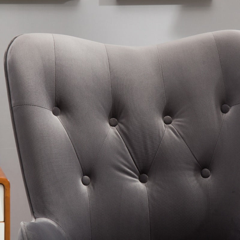 Contemporary Silky Velvet Button Back Accent Chair in Gray, Ideal for Lounge, Reading Nook, Adds Elegance and Comfort to Any Space