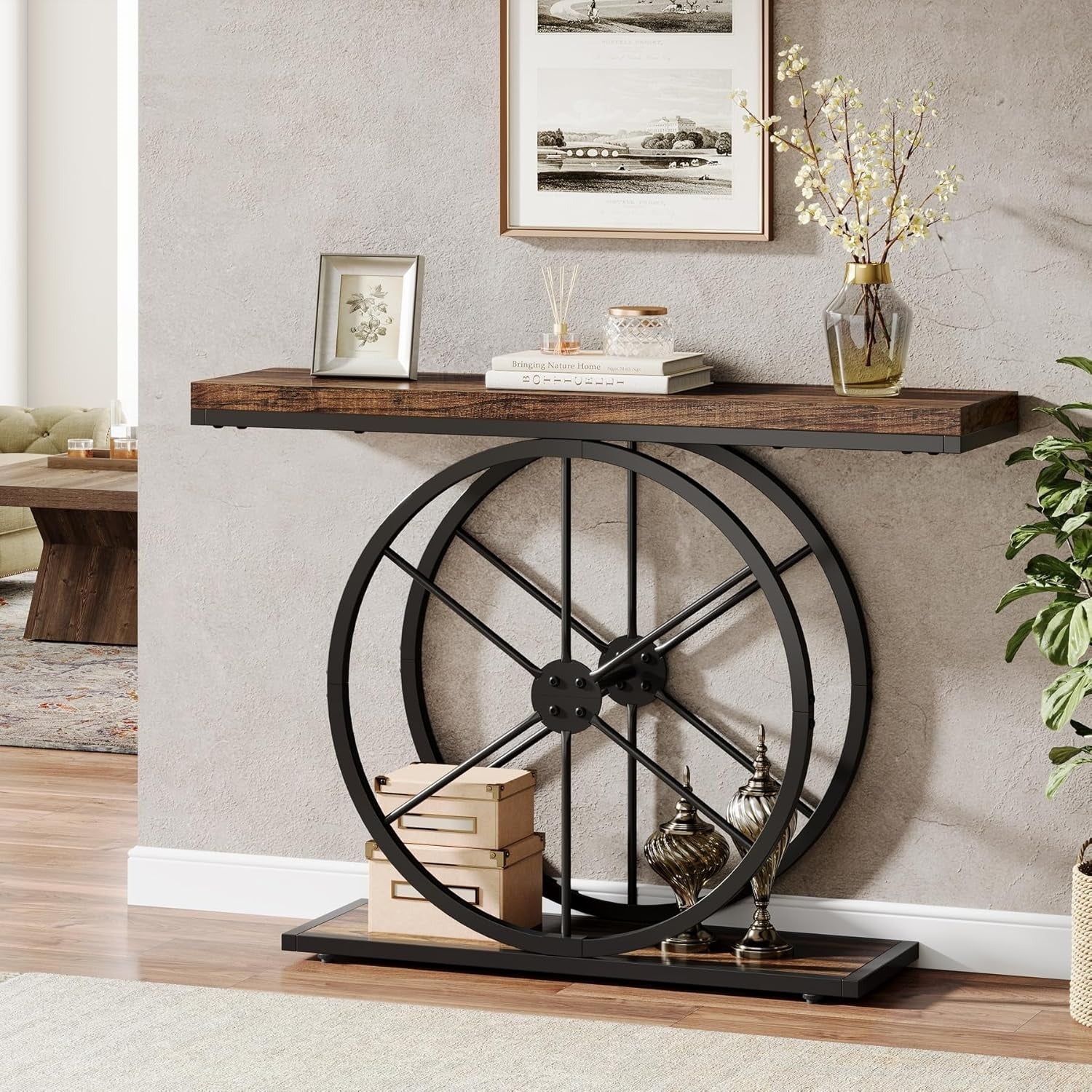 Rustic Brown Industrial Console Table - 39.4’’ Entryway & Living Room Narrow Sofa Table with Sturdy Wheel-Shaped Frame