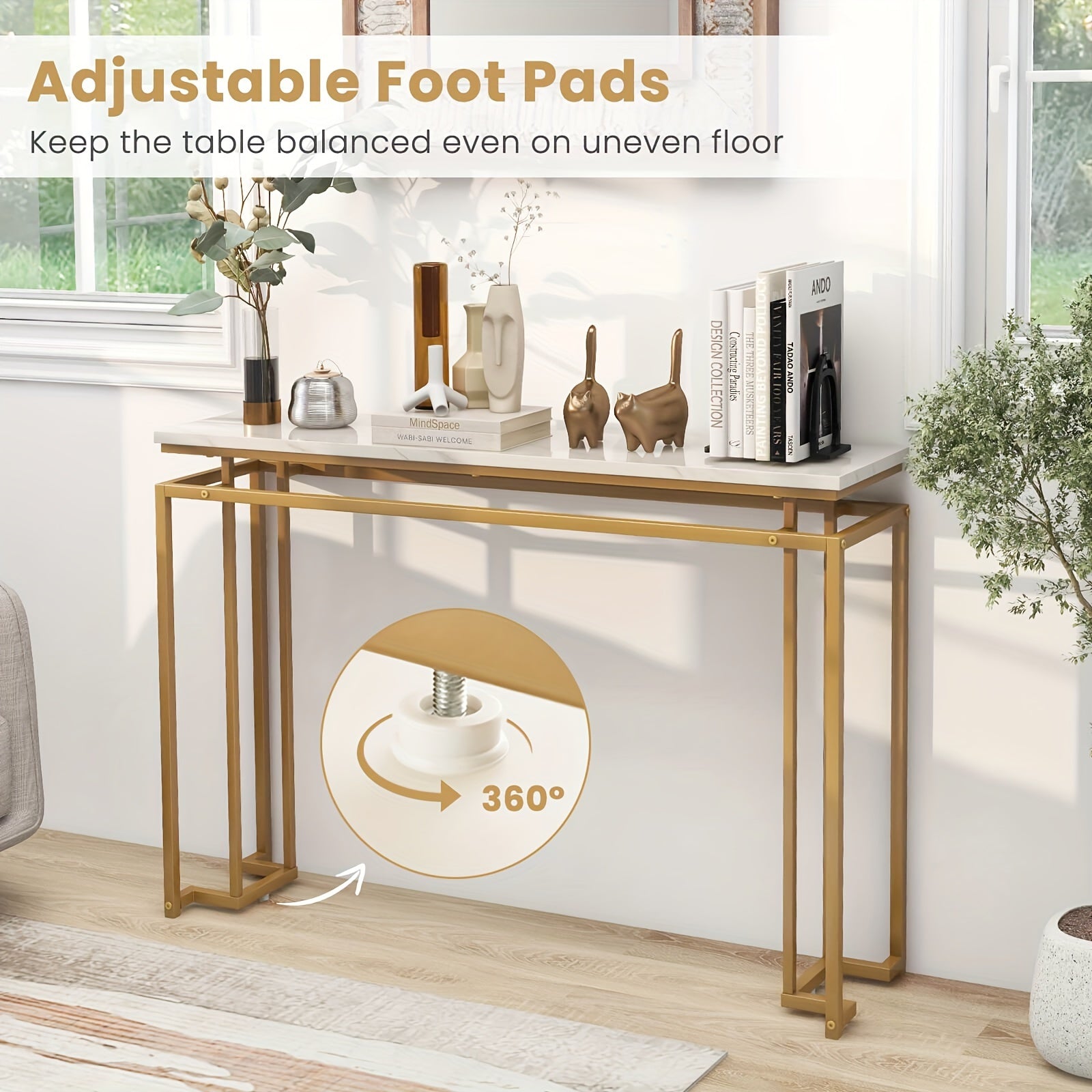 Elegant 47" White Faux Marble Top Console Table with Golden Metal Frame - Modern Entryway Table with Anti-Toppling Kit, Adjustable Feet for Stability, Waterproof & Durable - Perfect for Decor & Everyday Use, Console Table for