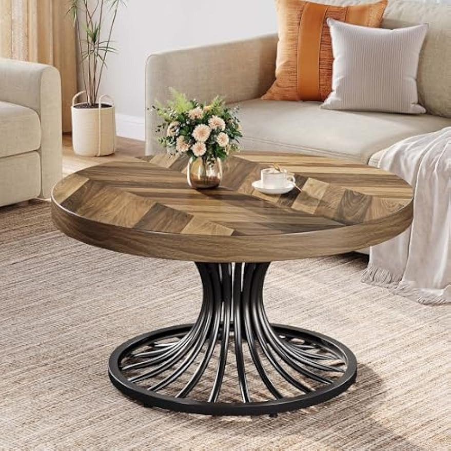 Round Coffee Table for Living Room, 31.5" Small Wood Coffee Table with Stylish Metal Pedestal, Industrial Wooden Accent Center Table for Small Spaces, Home Office, Rustic Brown and Black