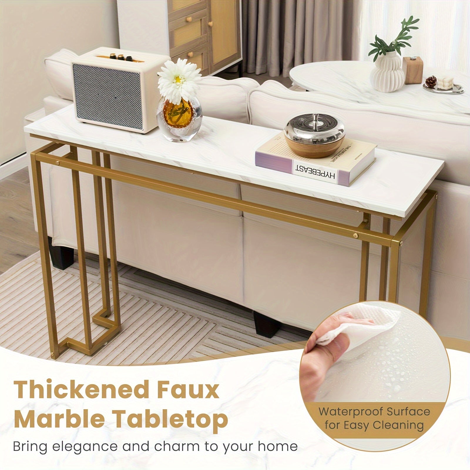 Elegant 47" White Faux Marble Top Console Table with Golden Metal Frame - Modern Entryway Table with Anti-Toppling Kit, Adjustable Feet for Stability, Waterproof & Durable - Perfect for Decor & Everyday Use, Console Table for