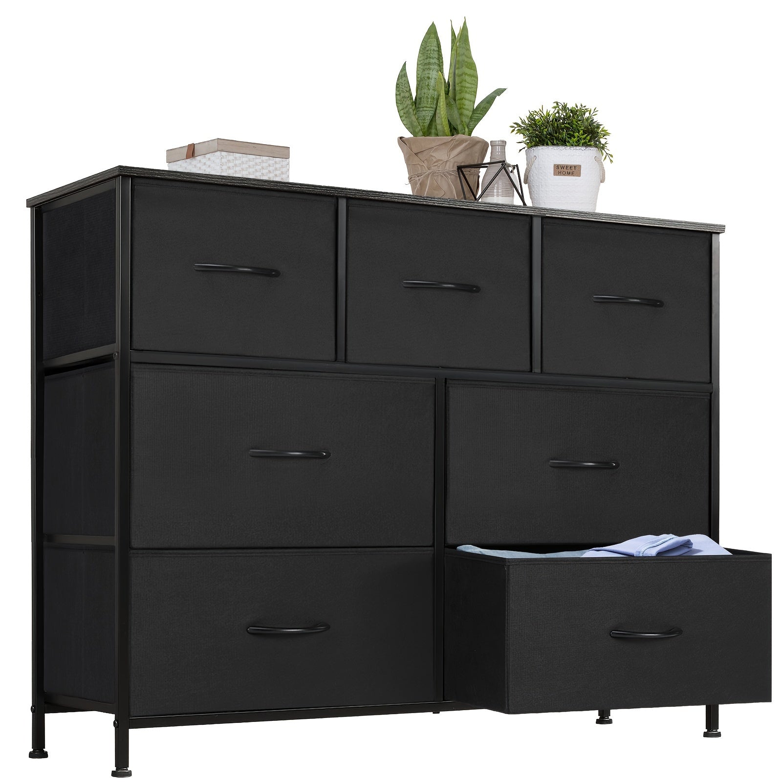 Dresser for Bedroom with 7 Fabric Drawers, Wide Chest Organizer Units for Clothing, Closet, Storage Tower with Cabinet, Metal Frame, Wooden Top, Lightweight Nursery Furniture Storage Drawer Units