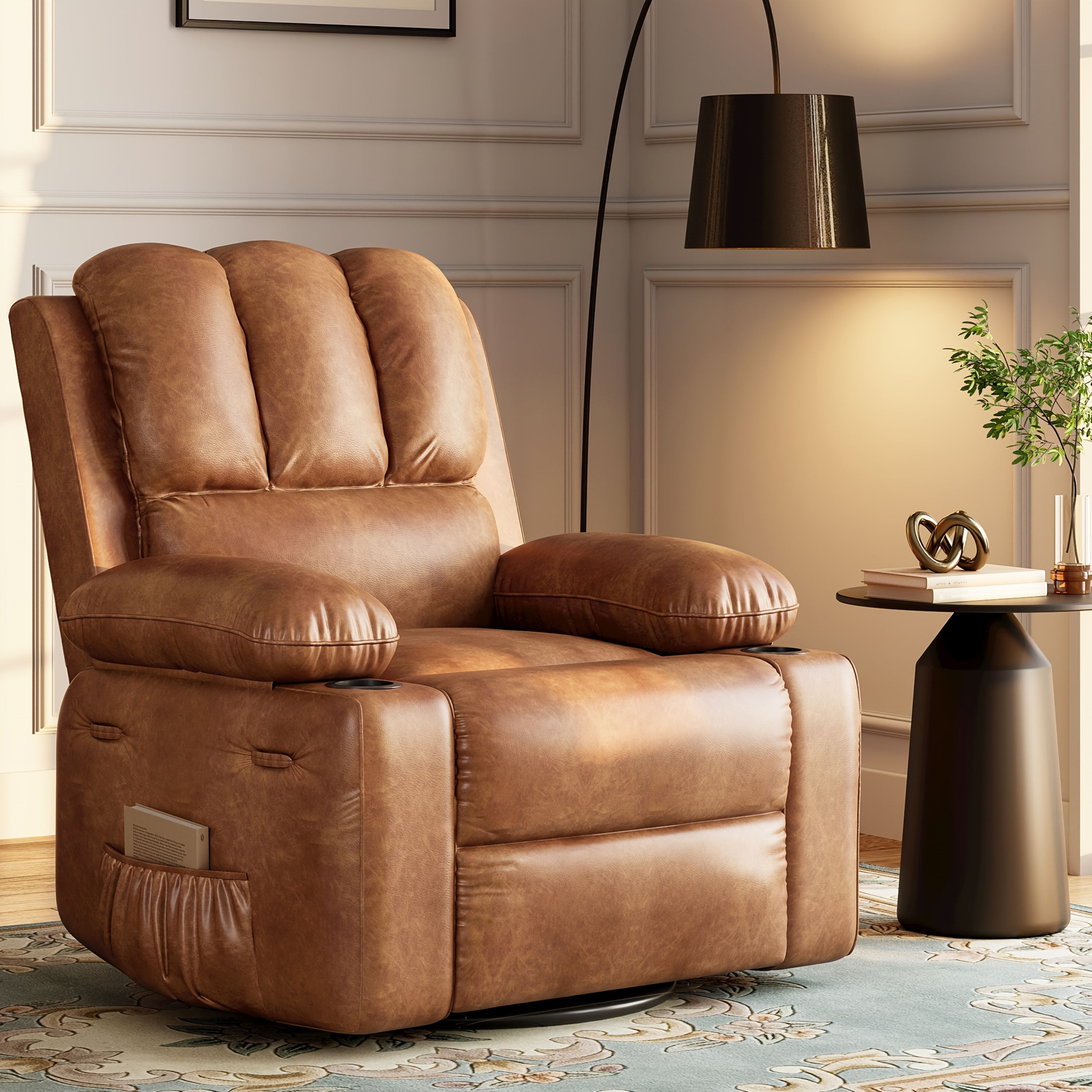 22'' Vintage Faux Leather Swivel Recliner Chair with 360° Rocking, Side Pockets & Cup Holders - Perfect for Living Room Comfort