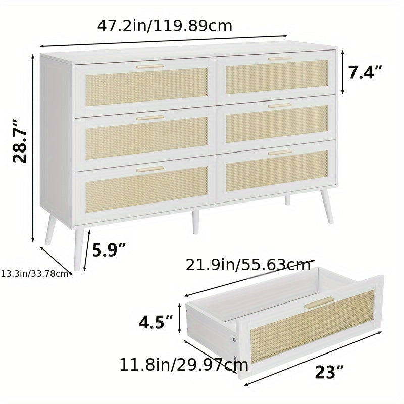 Elegant White Rattan 6-Drawer Dressing Table with Golden Handles | Modern Storage Cabinet with Textured Front Panels