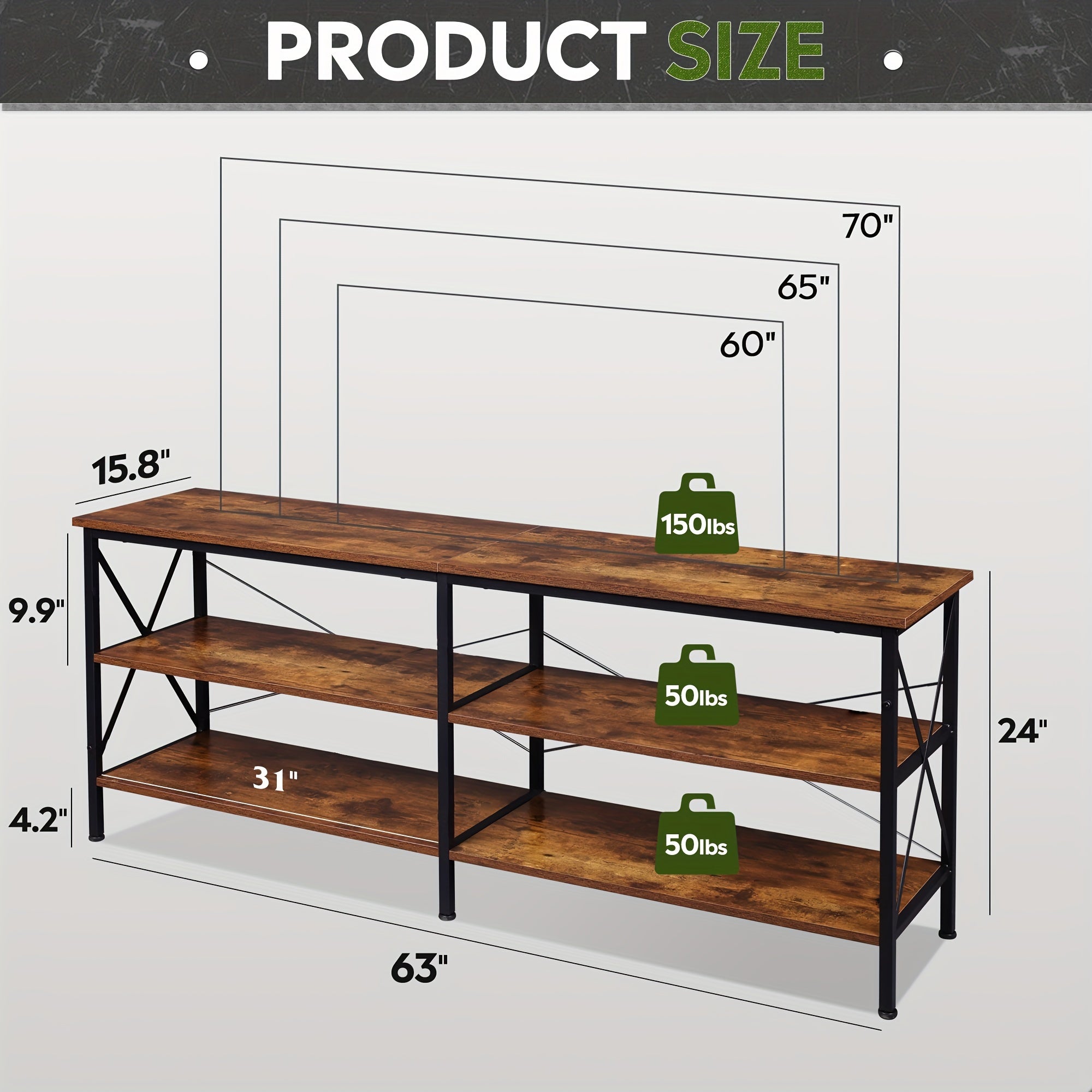 TV Stand for 65 70 inch TV Entertainment Center with Storage Industrial TV Console for Living Room Long 63’’ TV Cabinet