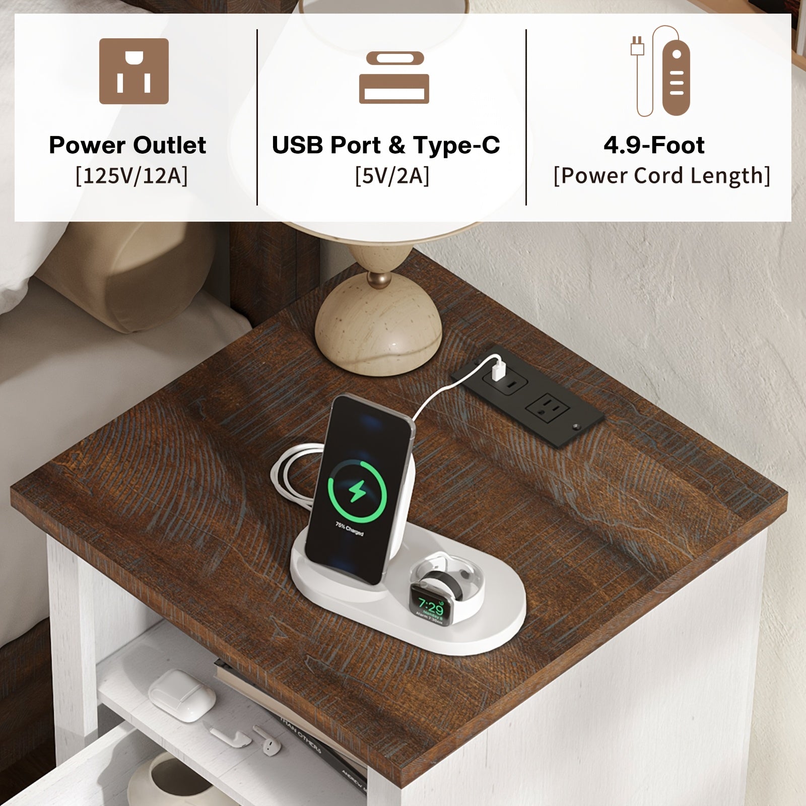 1pc Farmhouse Nightstand with Charging Station, Hardwood & MDF Construction, Dual USB Ports & Outlets, 2 Drawers & Open Cubby Storage, 110V-240V, US Plug, Under 27" Height