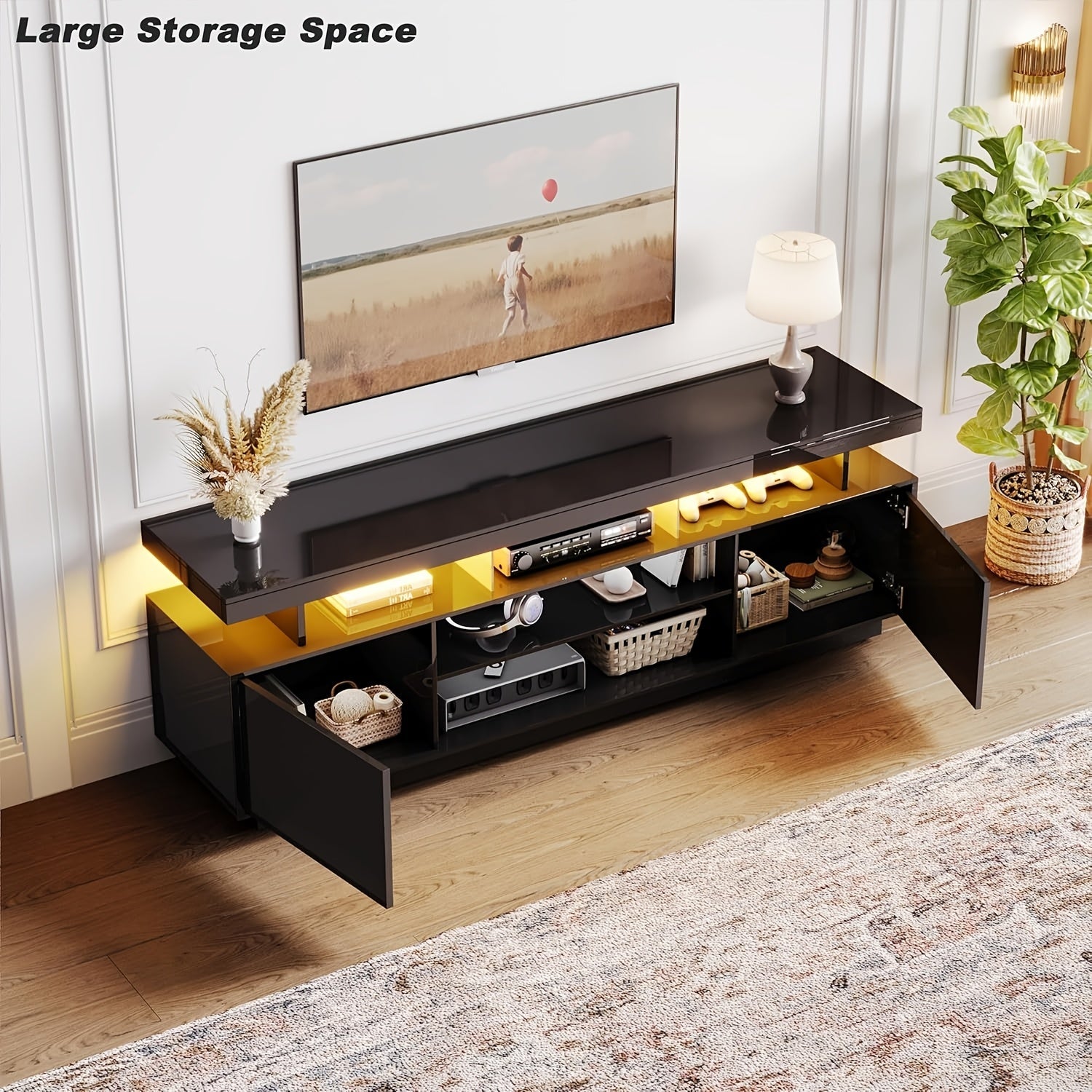 Compact Size Spacious Modern Black Wooden TV Stand with LED Lighting & Ample Storage - Fits Up to 65" TVs, Ideal for Contemporary Living Room, Features 5 Open Shelves & 2 Spacious Cabinets, No Assembly Required, Tv Table for