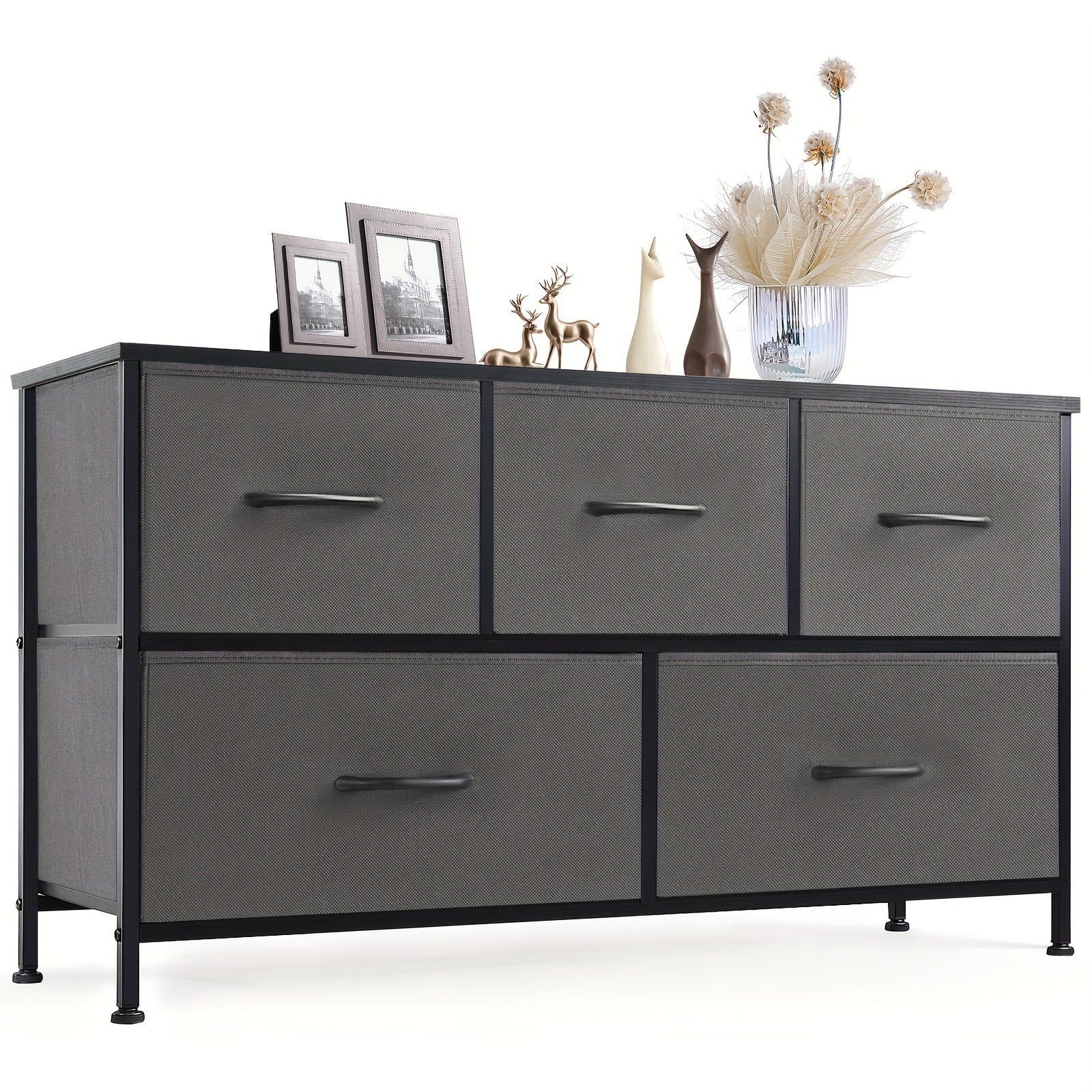 Dresser for Bedroom with 5 Fabric Drawers, Low Chest Organizer Units for Clothing, Closet, Storage Tower with Cabinet, Metal Frame, Wooden Top, Lightweight Nursery Furniture