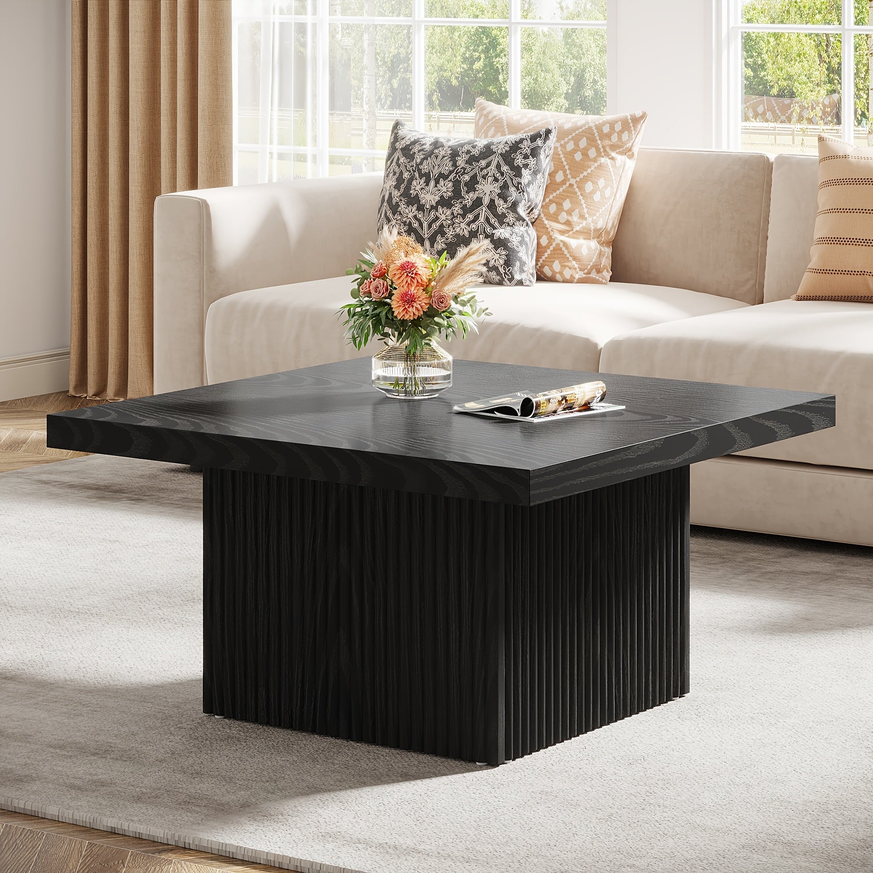 Chic Black Square Coffee Table - 82cm Mid-Century Modern Design with Fluted Detail, Durable MDF Construction, Perfect for Living Room or Office